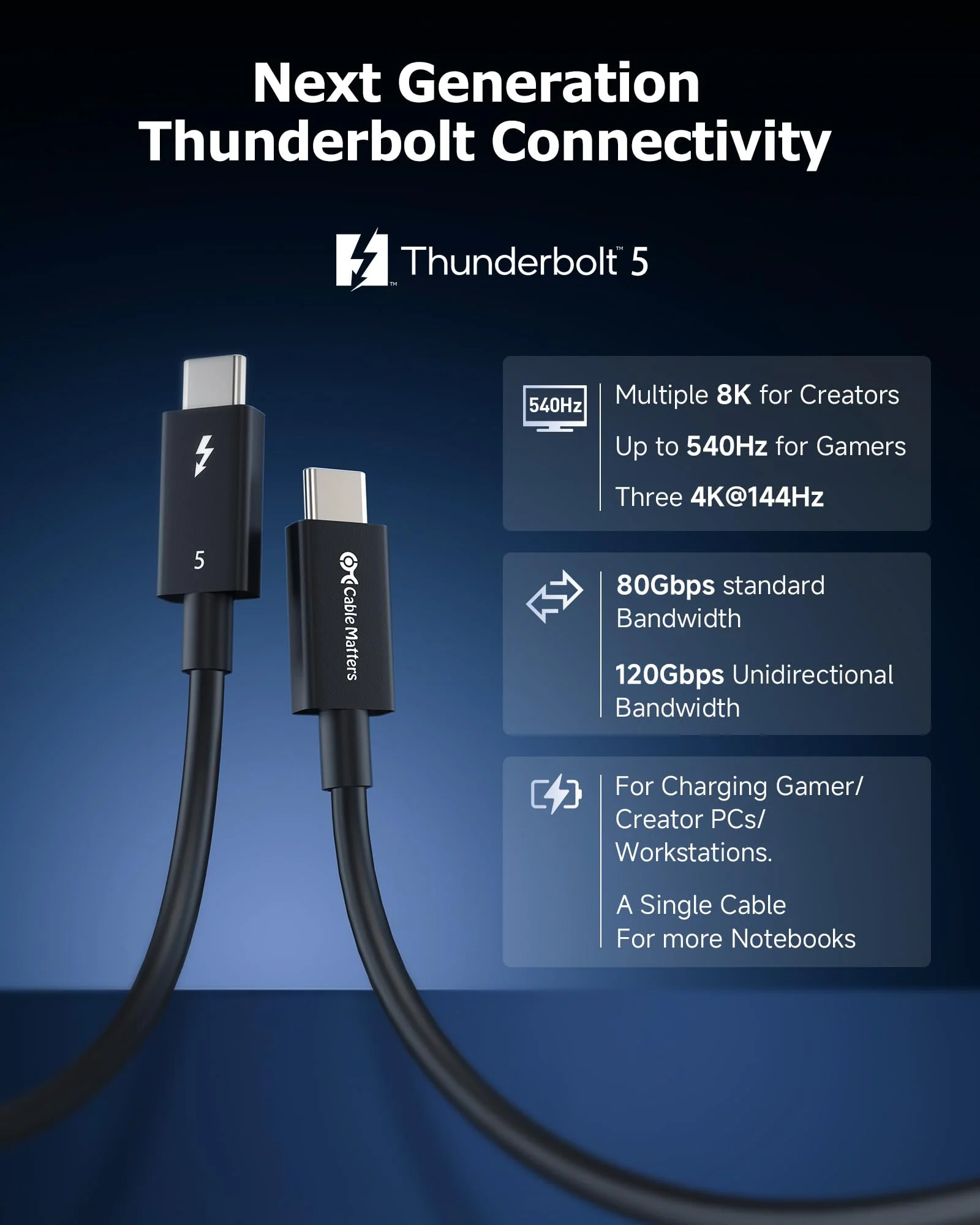 Cable Matters [Intel Certified] 80Gbps Thunderbolt 5 Cable with up to 120Gbps Bandwidth Boost and 240W Charging in Black - 0.5m / 1.6ft, Compatible with Thunderbolt 4, USB4, Thunderbolt 3 and USB-C 1.6 ft - Image 2