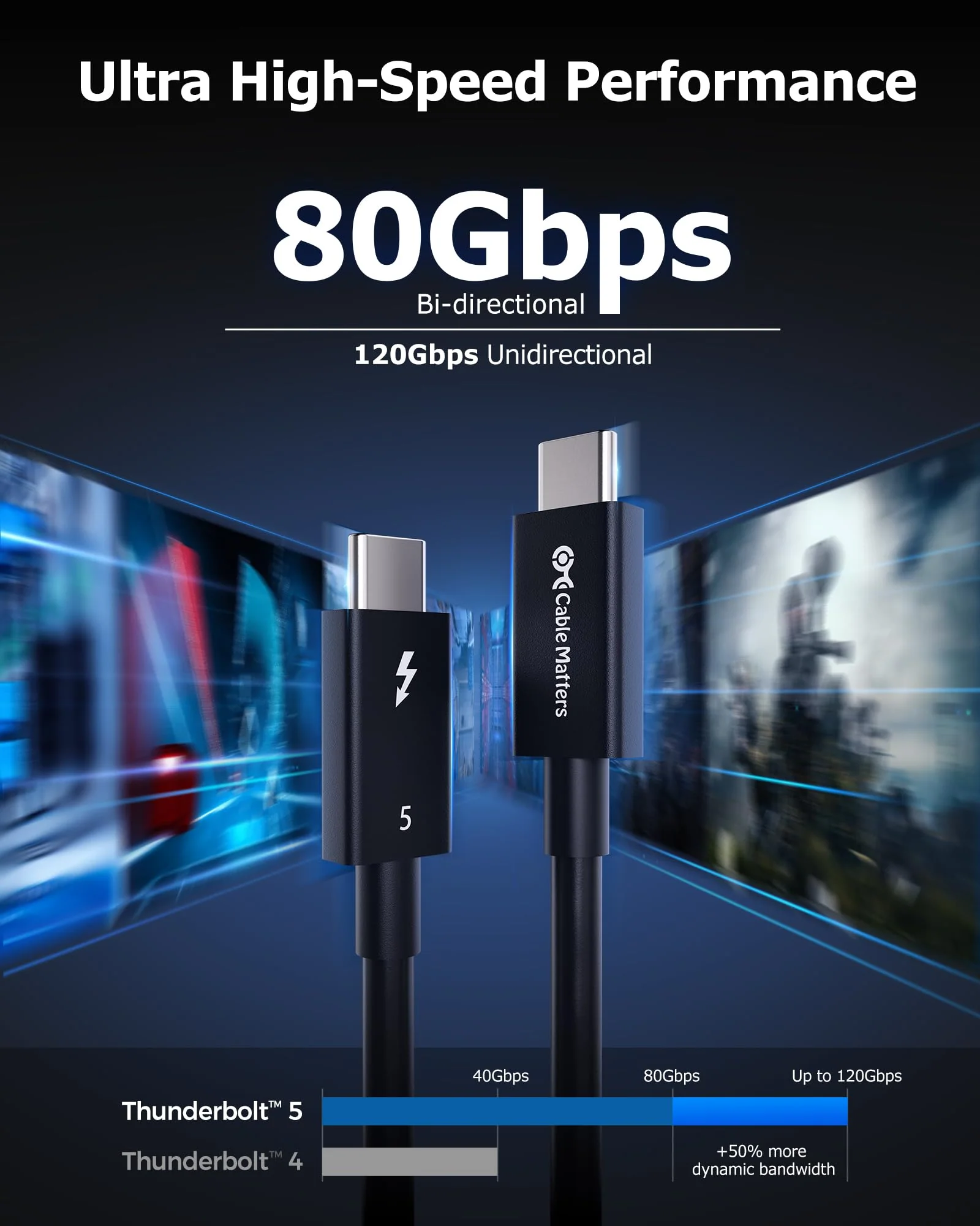 Cable Matters [Intel Certified] 80Gbps Thunderbolt 5 Cable with up to 120Gbps Bandwidth Boost and 240W Charging in Black - 0.5m / 1.6ft, Compatible with Thunderbolt 4, USB4, Thunderbolt 3 and USB-C 1.6 ft - Image 4