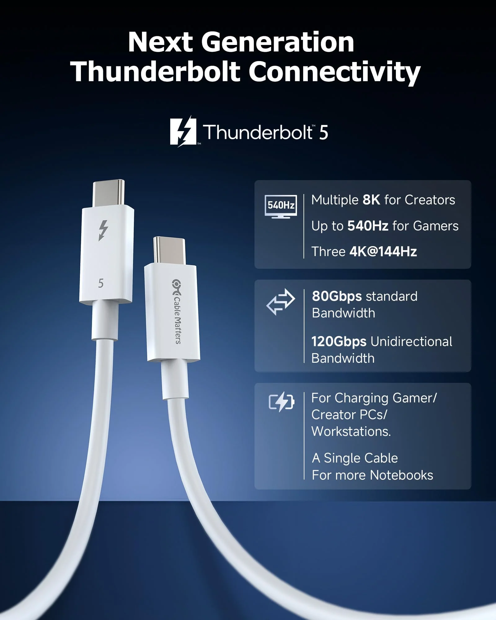Cable Matters [Intel Certified] 80Gbps Thunderbolt 5 Cable with up to 120Gbps Bandwidth Boost and 240W Charging in White - 1m / 3.3ft, Compatible with Thunderbolt 4, USB 4 and USB-C 3.3 ft - Image 2