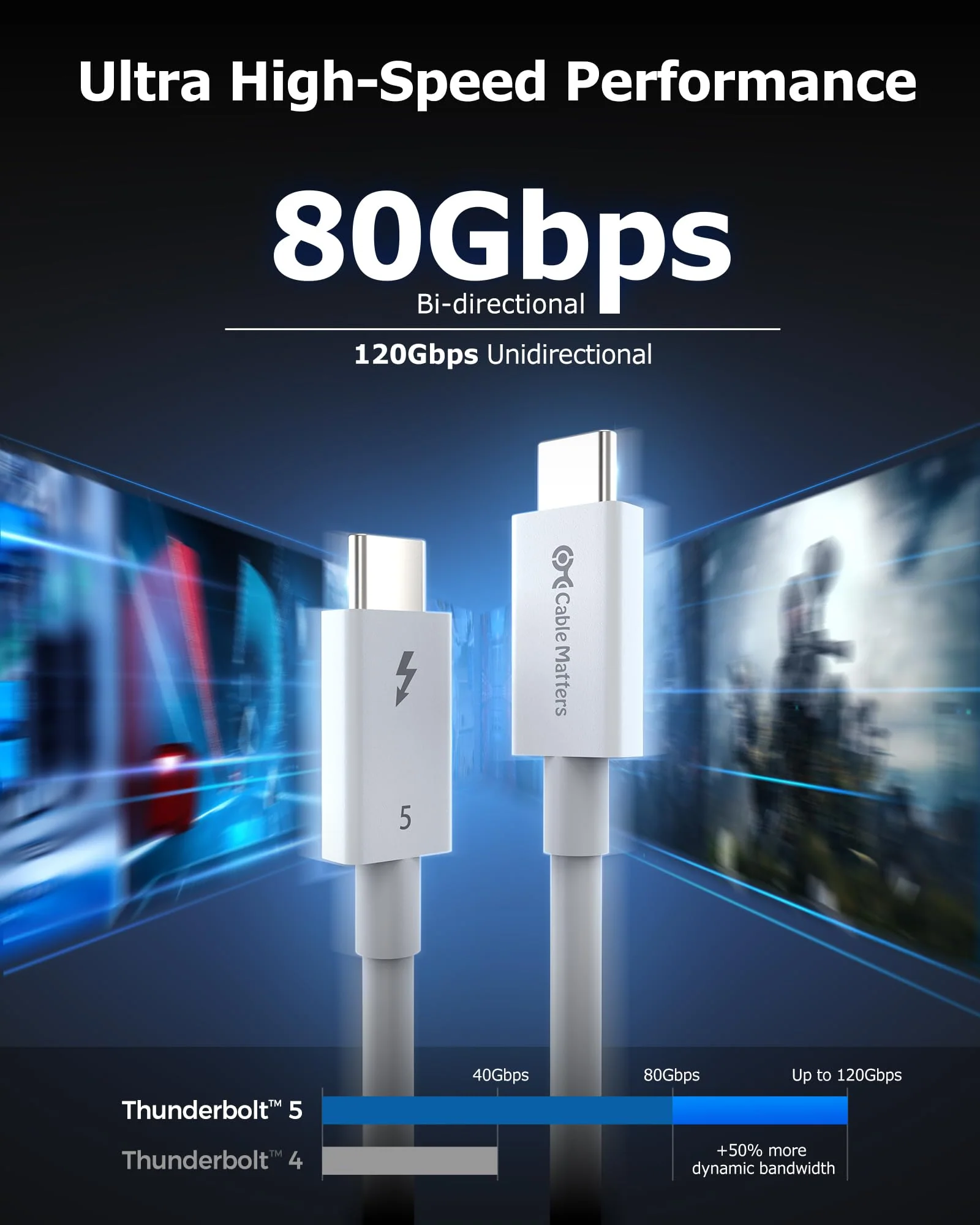Cable Matters [Intel Certified] 80Gbps Thunderbolt 5 Cable with up to 120Gbps Bandwidth Boost and 240W Charging in White - 1m / 3.3ft, Compatible with Thunderbolt 4, USB 4 and USB-C 3.3 ft - Image 4