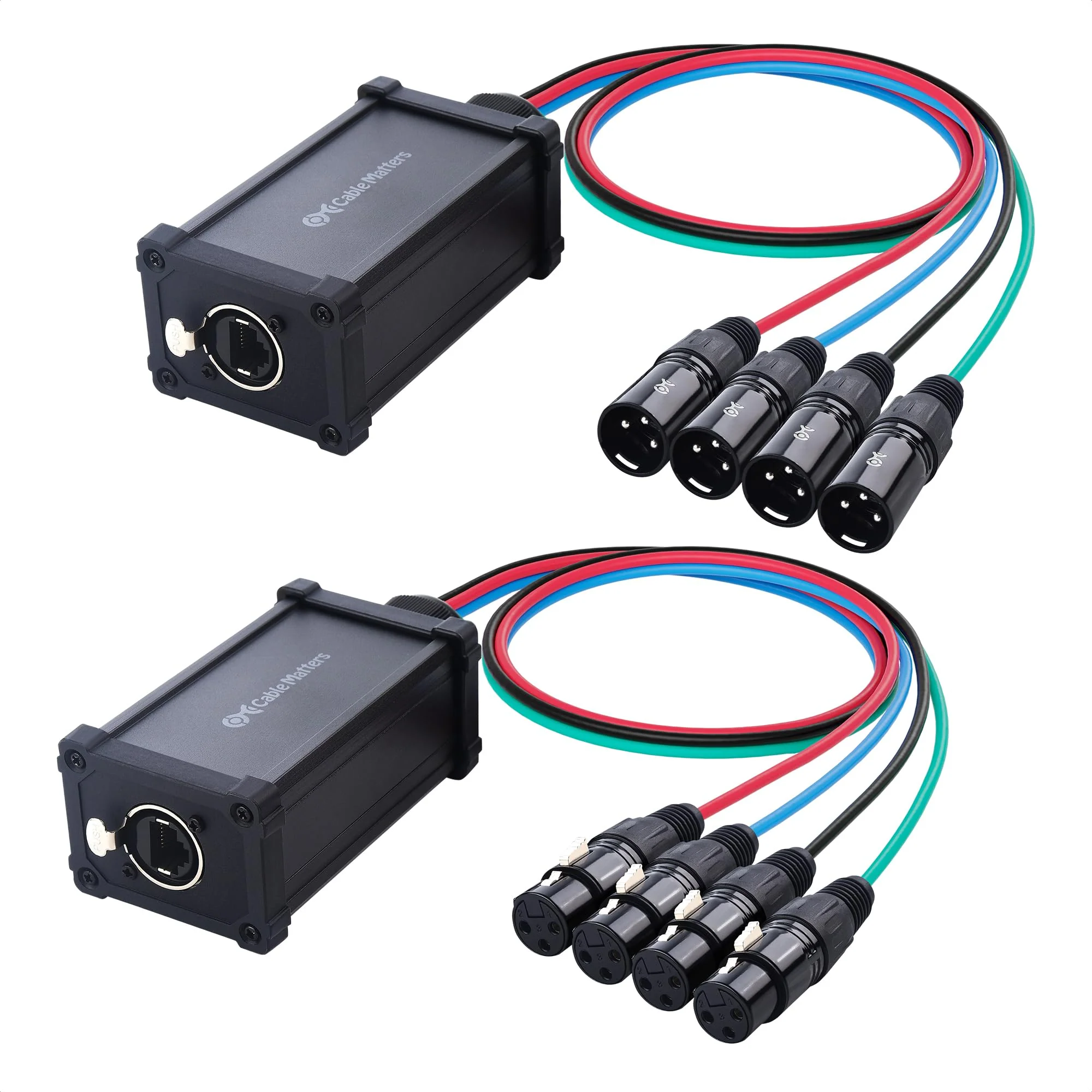 Cable Matters XLR Audio Over Ethernet Snake with 2 Boxes - 4X XLRMale Pigtail Box and 4X XLRFemale Pigtail Box, XLR Snake 4 Channel, Compatible with EtherCON Connector, Black