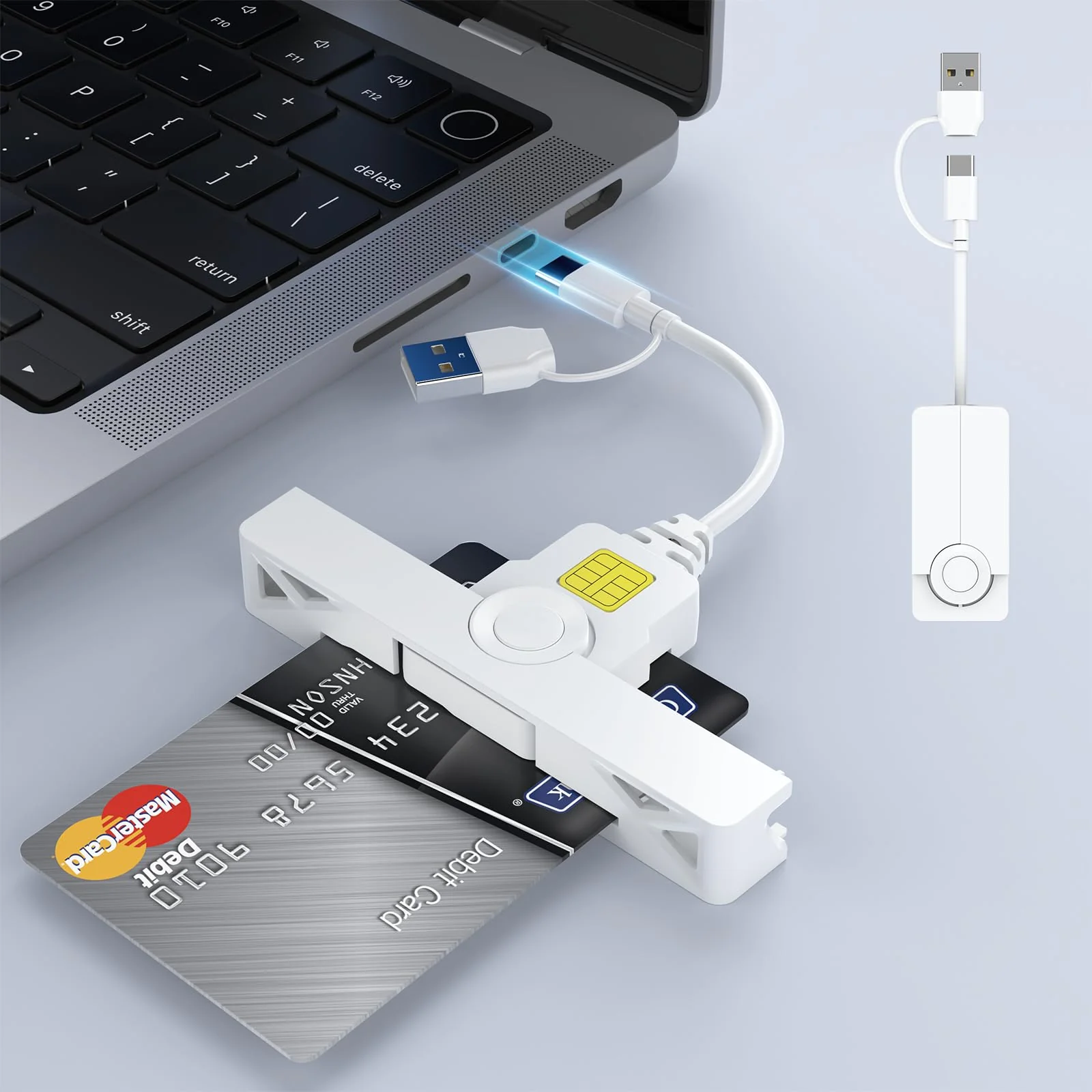 CAC Card Reader 2 in 1 USB/USB C Dual Connector, DOD Military USB Common Access CAC Reader Type C USB Smart Card Reader Compatible with Windows, Mac OS Mini Fold Plug and Play White
