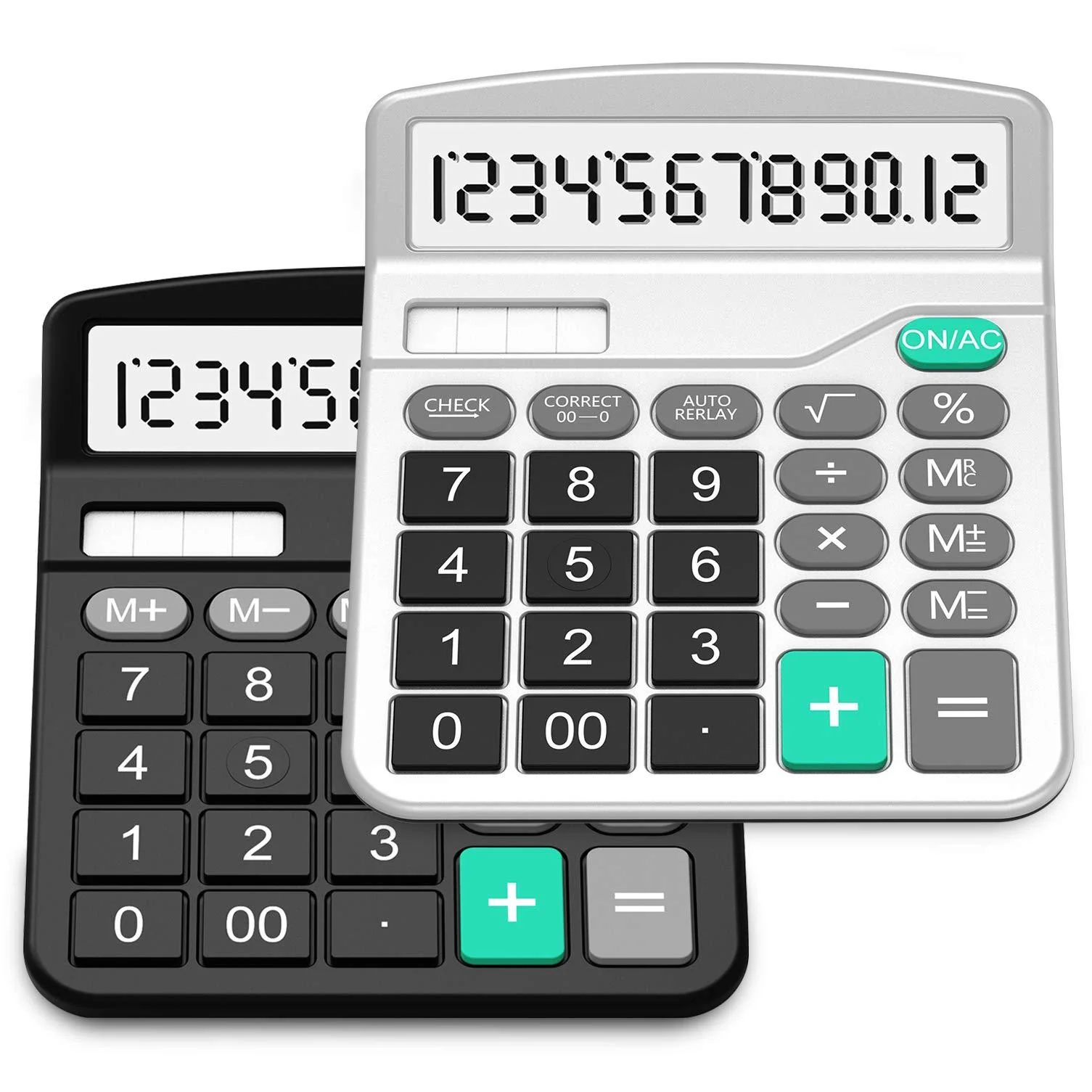 Calculator, Splaks 2 Pack Standard Functional Desktop Calculator Sola and AA Battery Dual Power Electronic Calculator with 12-Digit Large Display (1 Basic Black&1 Updated Silver) 1 Black&1 Silver