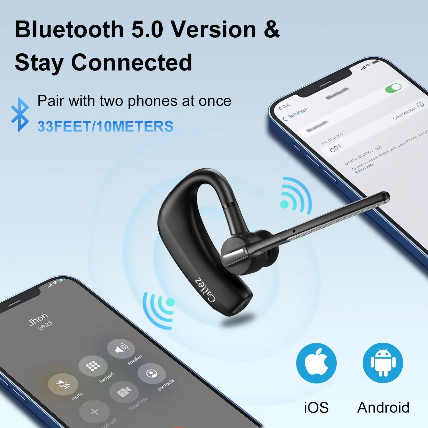 Callez Bluetooth Headset V5.0, Bluetooth Earpiece with CVC8.0 Dual Mic Noise Cancelling Wireless Headset for iPhone Android Cell Phone Trucker Business Office Work, Clear Chat Black - Image 2