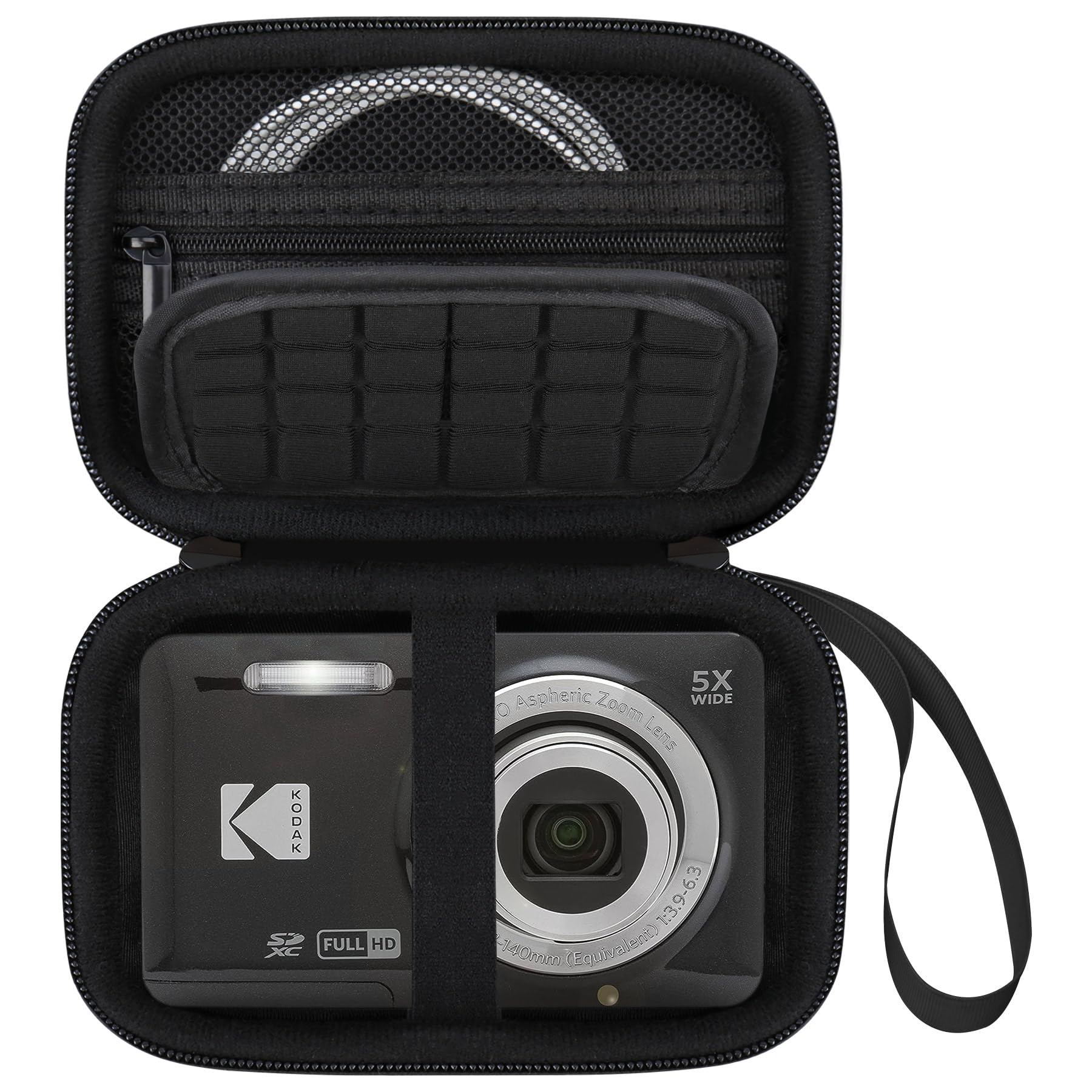 Camera Carrying Case for KODAK PIXPRO FZ55 / FZ53 / FZ45 / FZ43 16MP Digital Camera, Vlogging Camera Storage Holder Trave Bag, Mesh Bag Fits Batteries, Cable, Memory Card, Card Reader, Black Black+Inside Black