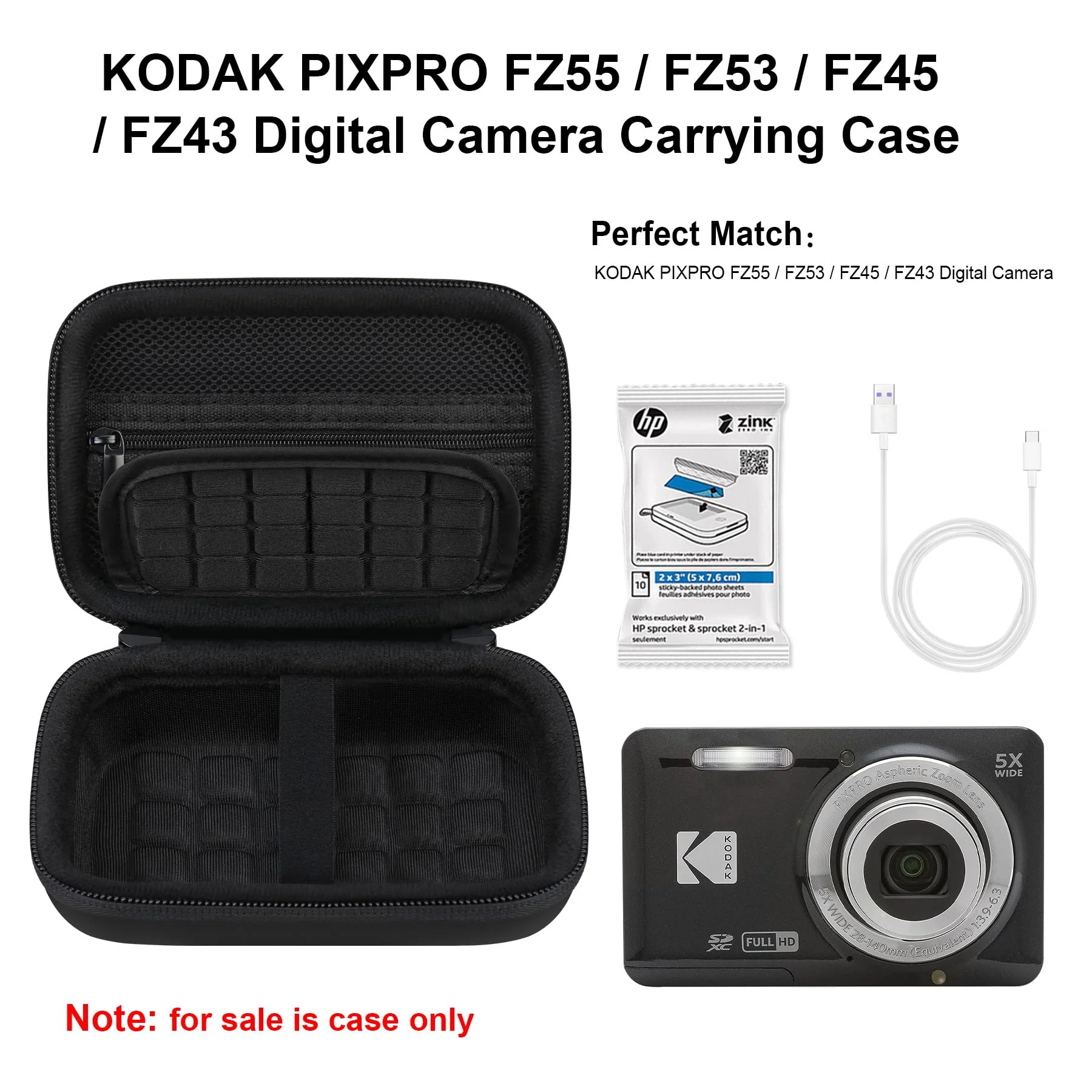 Camera Carrying Case for KODAK PIXPRO FZ55 / FZ53 / FZ45 / FZ43 16MP Digital Camera, Vlogging Camera Storage Holder Trave Bag, Mesh Bag Fits Batteries, Cable, Memory Card, Card Reader, Black Black+Inside Black - Image 2