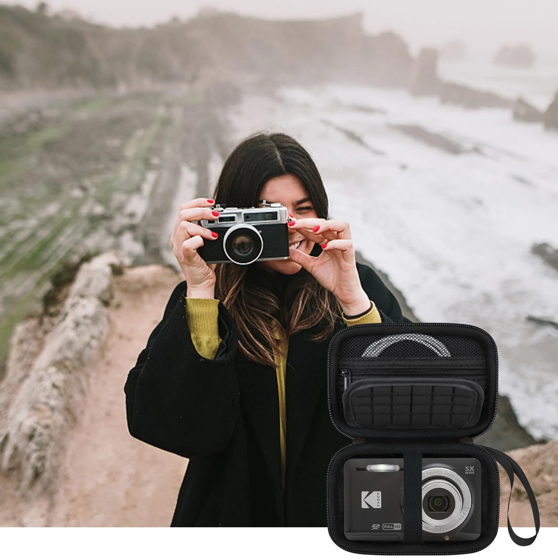 Camera Carrying Case for KODAK PIXPRO FZ55 / FZ53 / FZ45 / FZ43 16MP Digital Camera, Vlogging Camera Storage Holder Trave Bag, Mesh Bag Fits Batteries, Cable, Memory Card, Card Reader, Black Black+Inside Black - Image 7