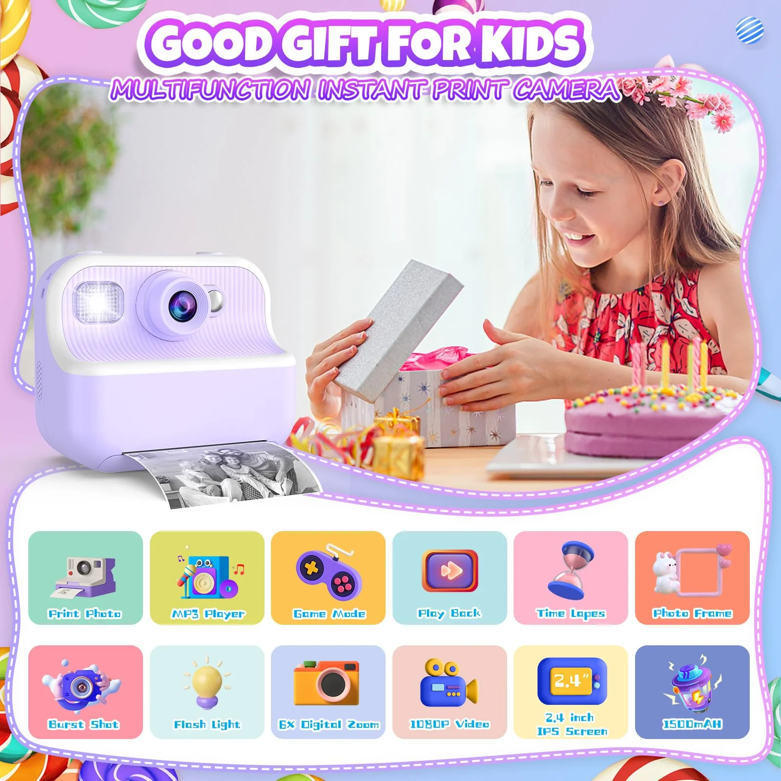 Camera for Kids Instant Print Photos - Toys Cameras for Toddler Printing Pictures- 12Mp Children Digital Selfie Camera - 1080P Video Cameras Gift for Girls Boys Age 3 4 5 6 7 8 9 10 11 12 Purple - Image 2