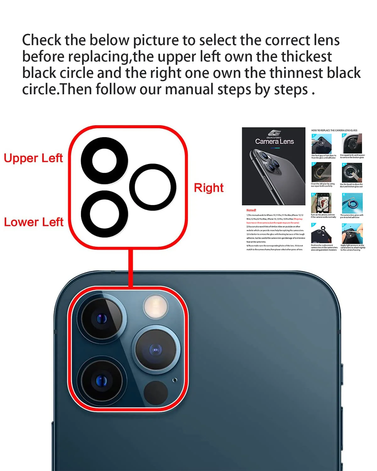 Camera Lens Glass Replacement for iPhone 13 Pro Max and 13 Pro, GVKVGIH Back Camera Glass Lens Replacement with Pre-Installed Adhesive,Repair Tool Kit and Installation Manual - Image 4