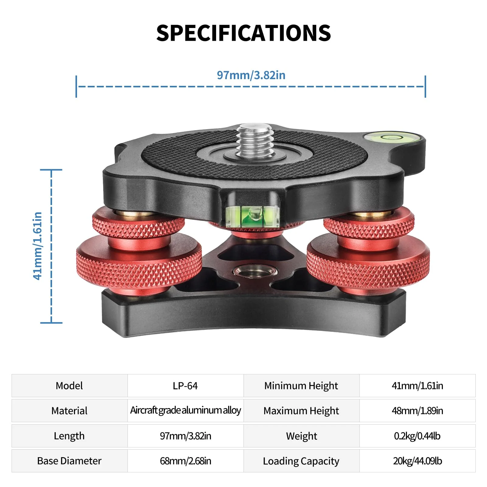 Camera Leveler Tripod Leveling Base Tri-Wheel Head for Macro Photography Aluminum w Bubble Level 3 Axis Level with +/-5 Degree Precision Adjustment for DSLR Camera Rotator Panoramic Head LP-64 - Image 4