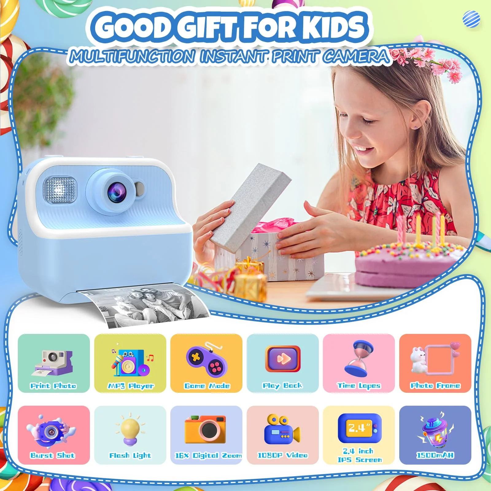 Camera Toys for Kids Instant Print Pictures - Toddler Cameras Printing Photos - Child Digital Selfie Camera - Printable Cameras Gift for Girls Boys 3 4 5 6 7 8 9 10 11 12 Years Old Blue - Image 2