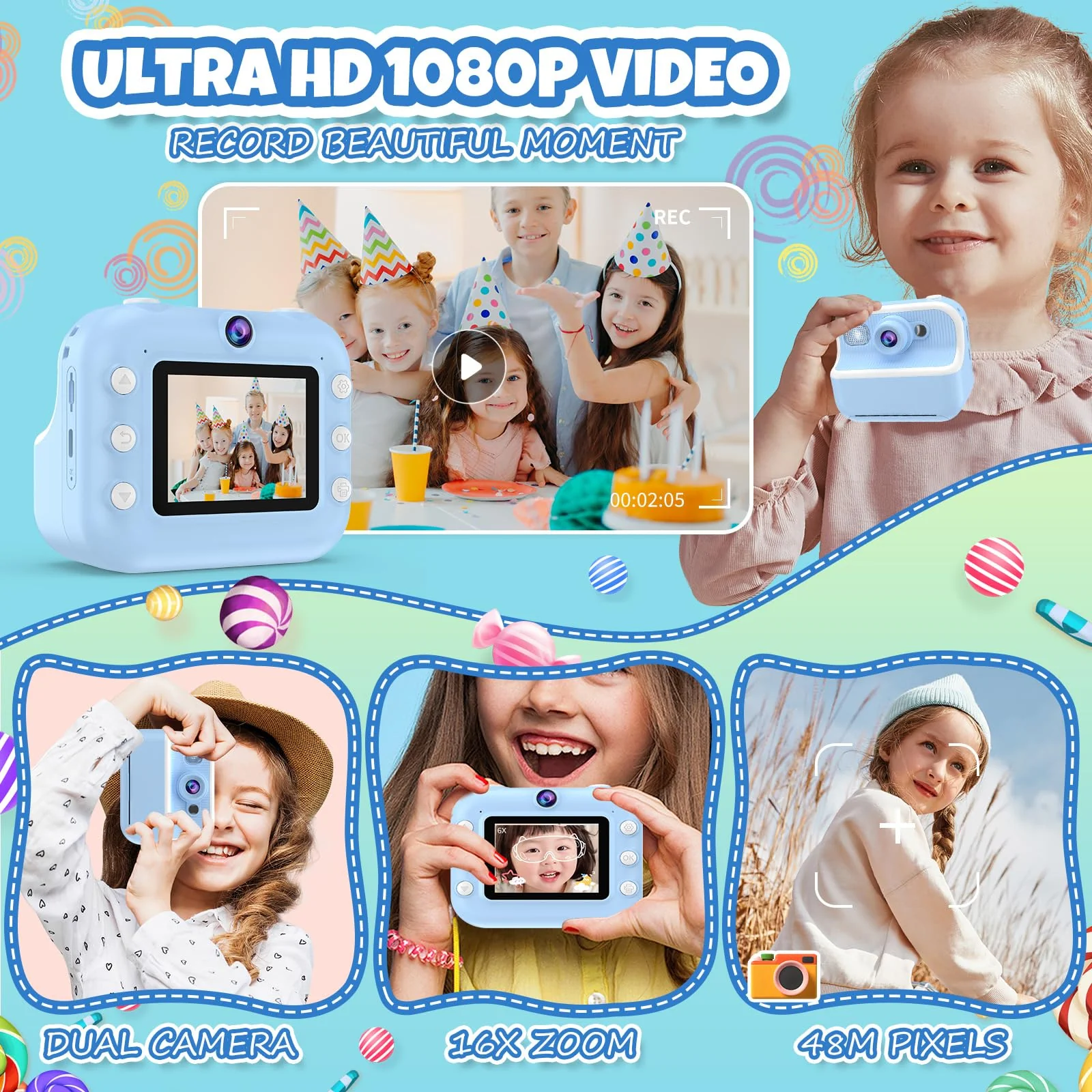 Camera Toys for Kids Instant Print Pictures - Toddler Cameras Printing Photos - Child Digital Selfie Camera - Printable Cameras Gift for Girls Boys 3 4 5 6 7 8 9 10 11 12 Years Old Blue - Image 3