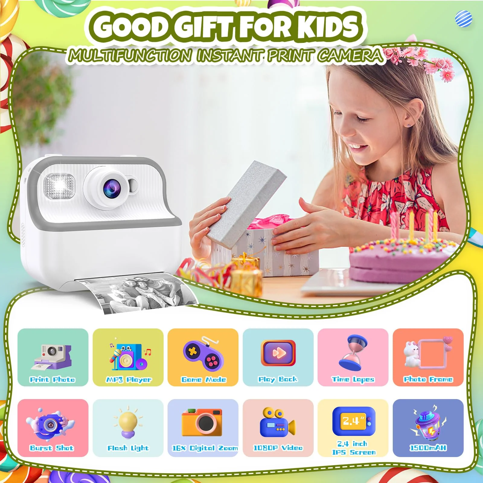 Camera Toys for Kids Instant Print Pictures - Toddler Cameras Printing Photos - Child Digital Selfie Camera - Printable Cameras Gift for Girls Boys Ages 3 4 5 6 7 8 9 10 11 12 White - Image 2