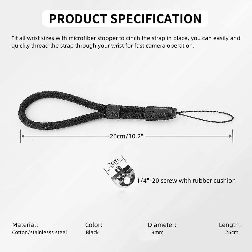 Camera Wrist Hand Strap Soft Cotton Lanyard String Rope compatible for Sony A6700 A6600 A6500 A6400 A6300 A6100 A6000 Small Light Mirrorless Cameras Cellphone Action Camera Insta360 - Black - Image 3