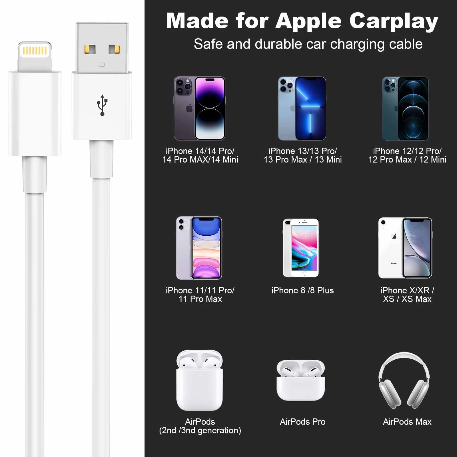Car Apple Carplay Cable,USB A to Lightning Cable Compatible with iPhone 14 13 12 11 Pro Max XR XS X Charger Cord,Car Charging Cable White - Image 4