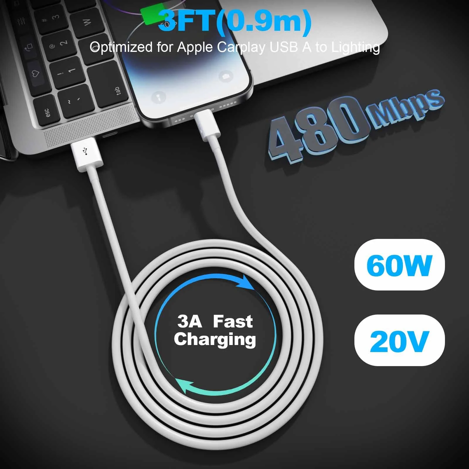 Car Apple Carplay Cable,USB A to Lightning Cable Compatible with iPhone 14 13 12 11 Pro Max XR XS X Charger Cord,Car Charging Cable White - Image 6