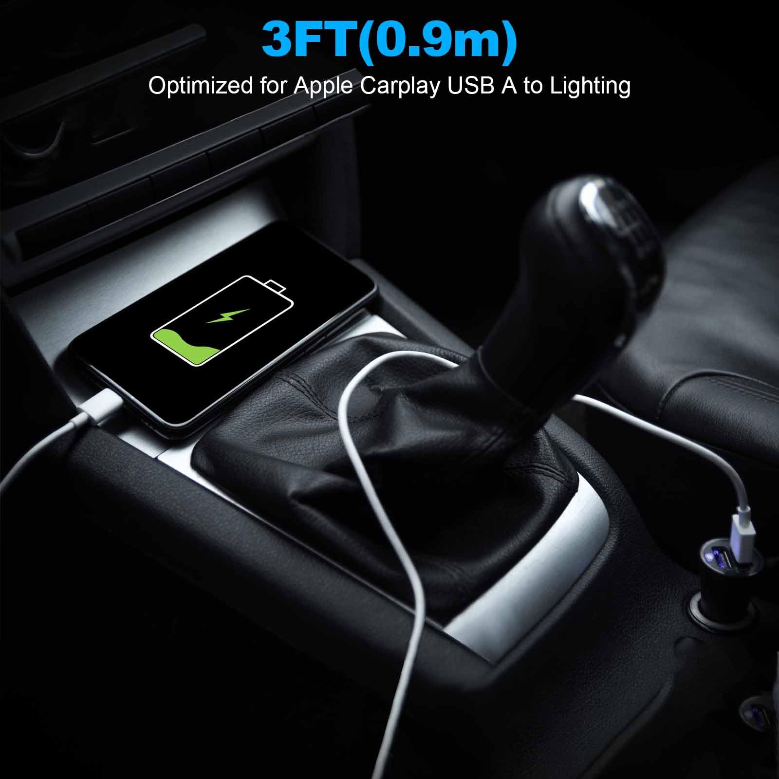 Car Apple Carplay Cable,USB A to Lightning Cable Compatible with iPhone 14 13 12 11 Pro Max XR XS X Charger Cord,Car Charging Cable White - Image 7