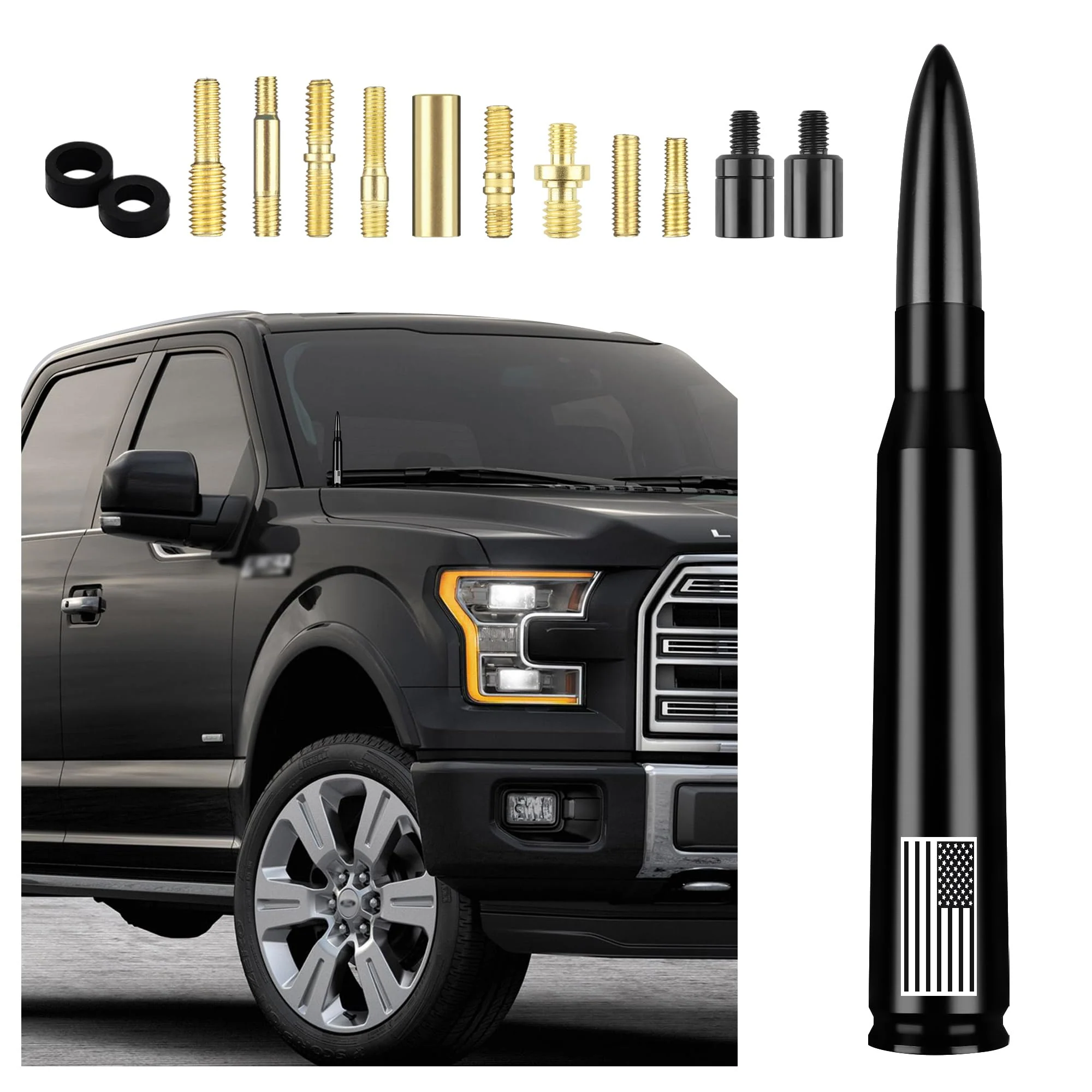 Car Bullet Antenna,Truck Exterior Decoration Accessories Antenna Toppers[New Upgrade Flag Design] AM/FM Radio Signal for Car SUV Truck Most Auto Cars Antenna Accessories Replacement (Black Black