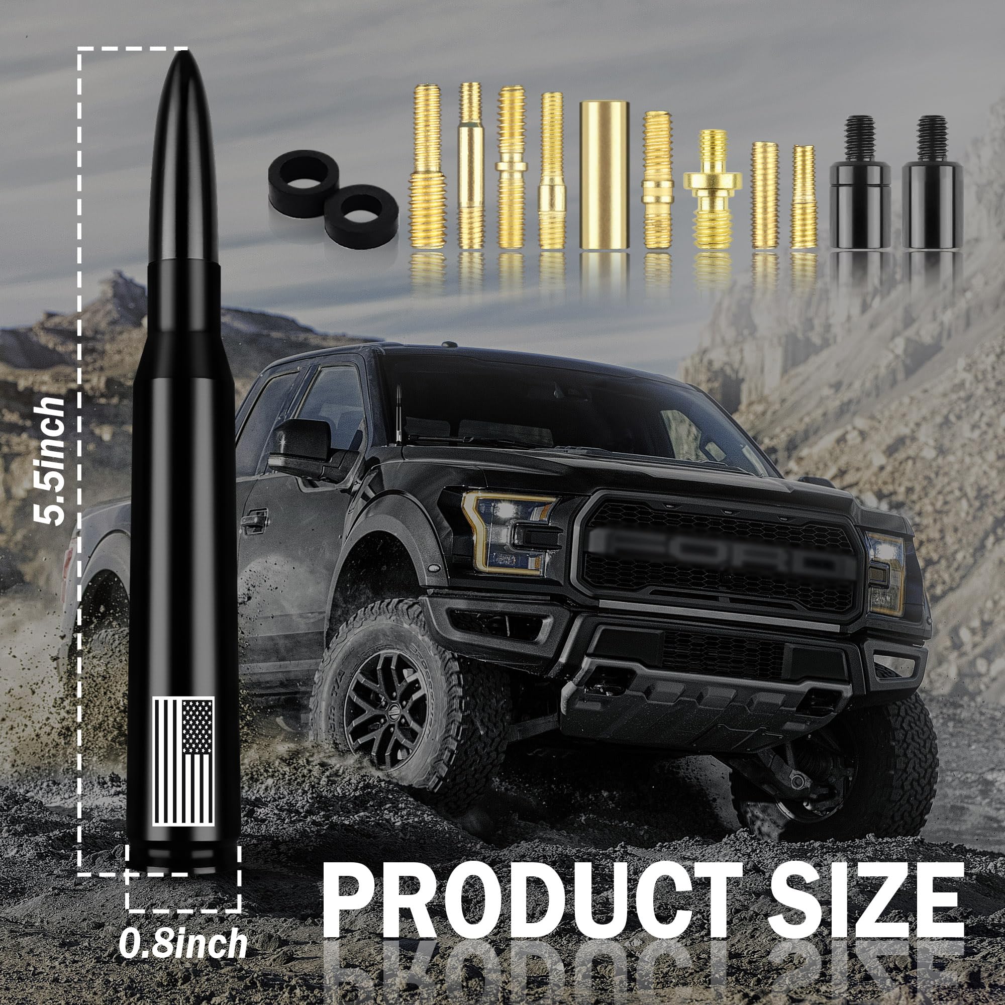 Car Bullet Antenna,Truck Exterior Decoration Accessories Antenna Toppers[New Upgrade Flag Design] AM/FM Radio Signal for Car SUV Truck Most Auto Cars Antenna Accessories Replacement (Black Black - Image 2