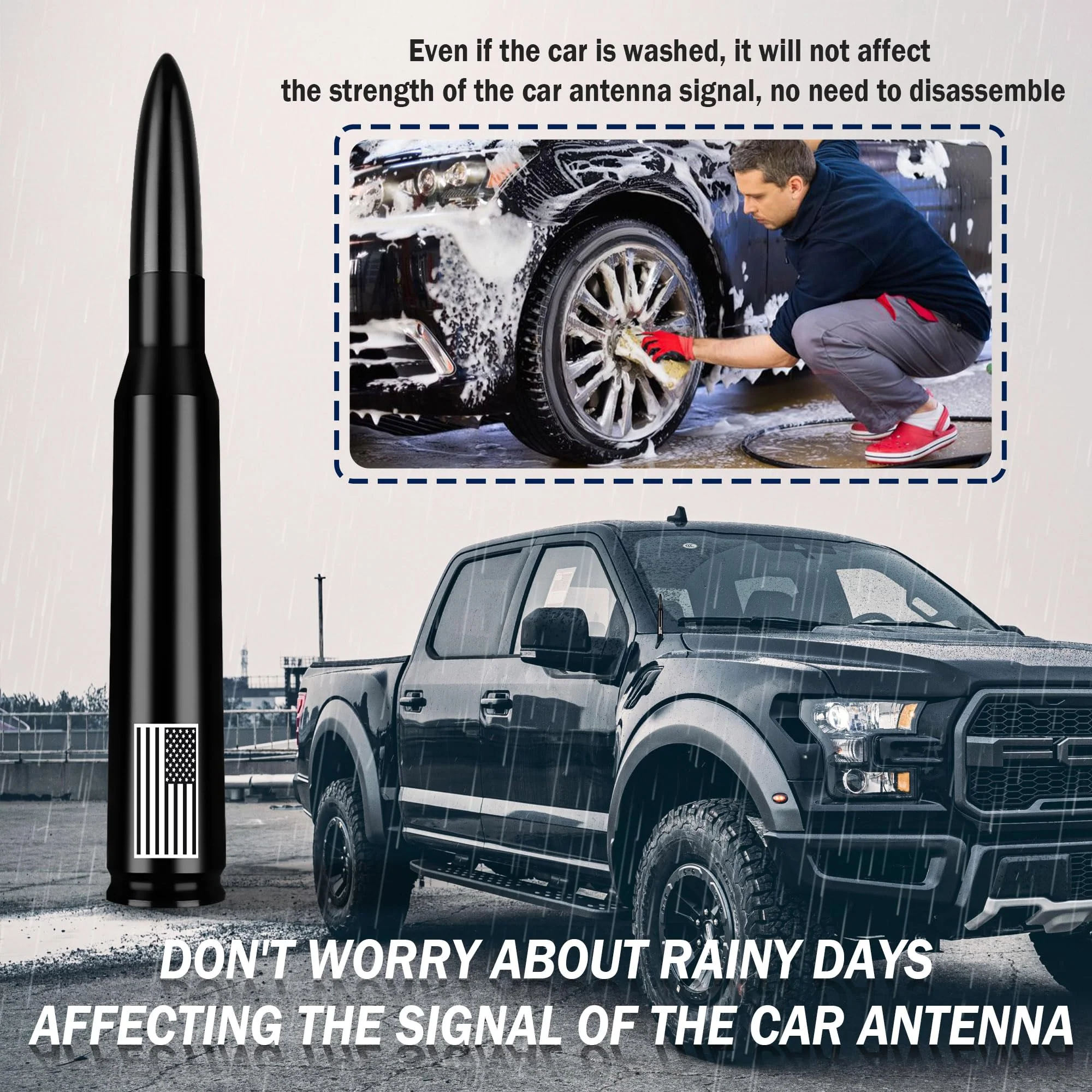 Car Bullet Antenna,Truck Exterior Decoration Accessories Antenna Toppers[New Upgrade Flag Design] AM/FM Radio Signal for Car SUV Truck Most Auto Cars Antenna Accessories Replacement (Black Black - Image 3