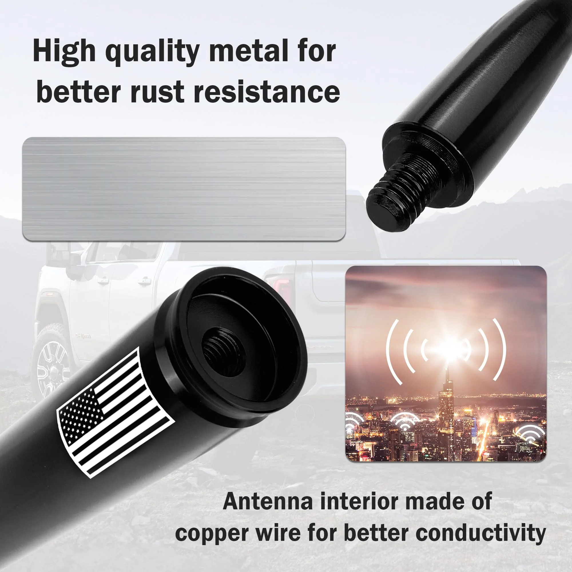 Car Bullet Antenna,Truck Exterior Decoration Accessories Antenna Toppers[New Upgrade Flag Design] AM/FM Radio Signal for Car SUV Truck Most Auto Cars Antenna Accessories Replacement (Black Black - Image 4