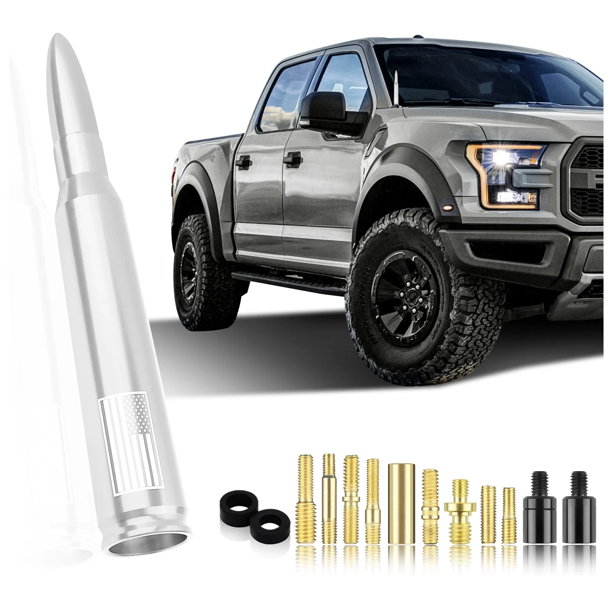 Car Bullet Antenna,Truck Exterior Decoration Accessories Car Vehicle Replacement Antenna Conpatible with Ford F150 RAM 1500 GMC Heavy Duty Pickup Trucks Accessories (New Upgrade Silver-U.S. Flag)… New Upgrade Silver-U.S. Flag