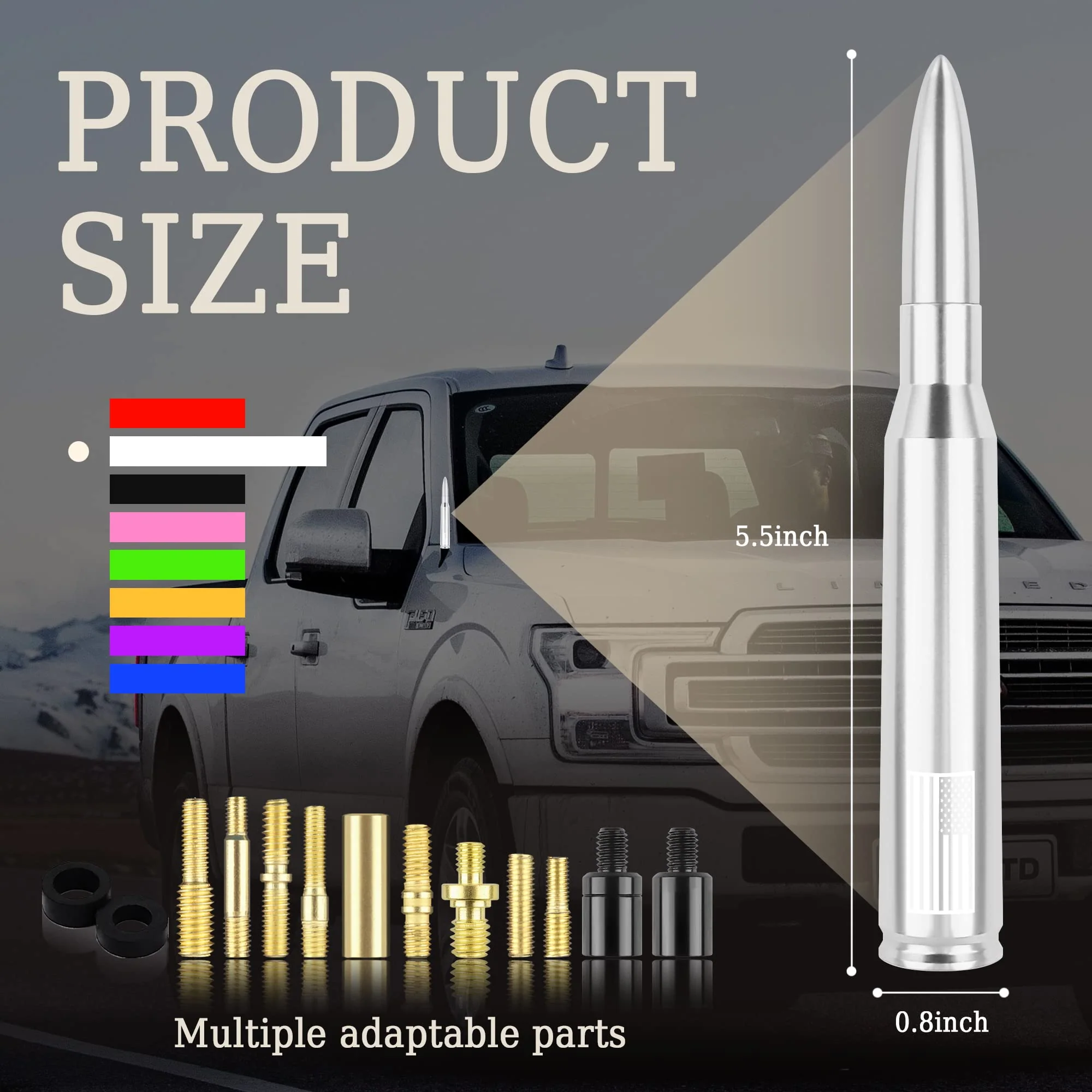 Car Bullet Antenna,Truck Exterior Decoration Accessories Car Vehicle Replacement Antenna Conpatible with Ford F150 RAM 1500 GMC Heavy Duty Pickup Trucks Accessories (New Upgrade Silver-U.S. Flag)… New Upgrade Silver-U.S. Flag - Image 2