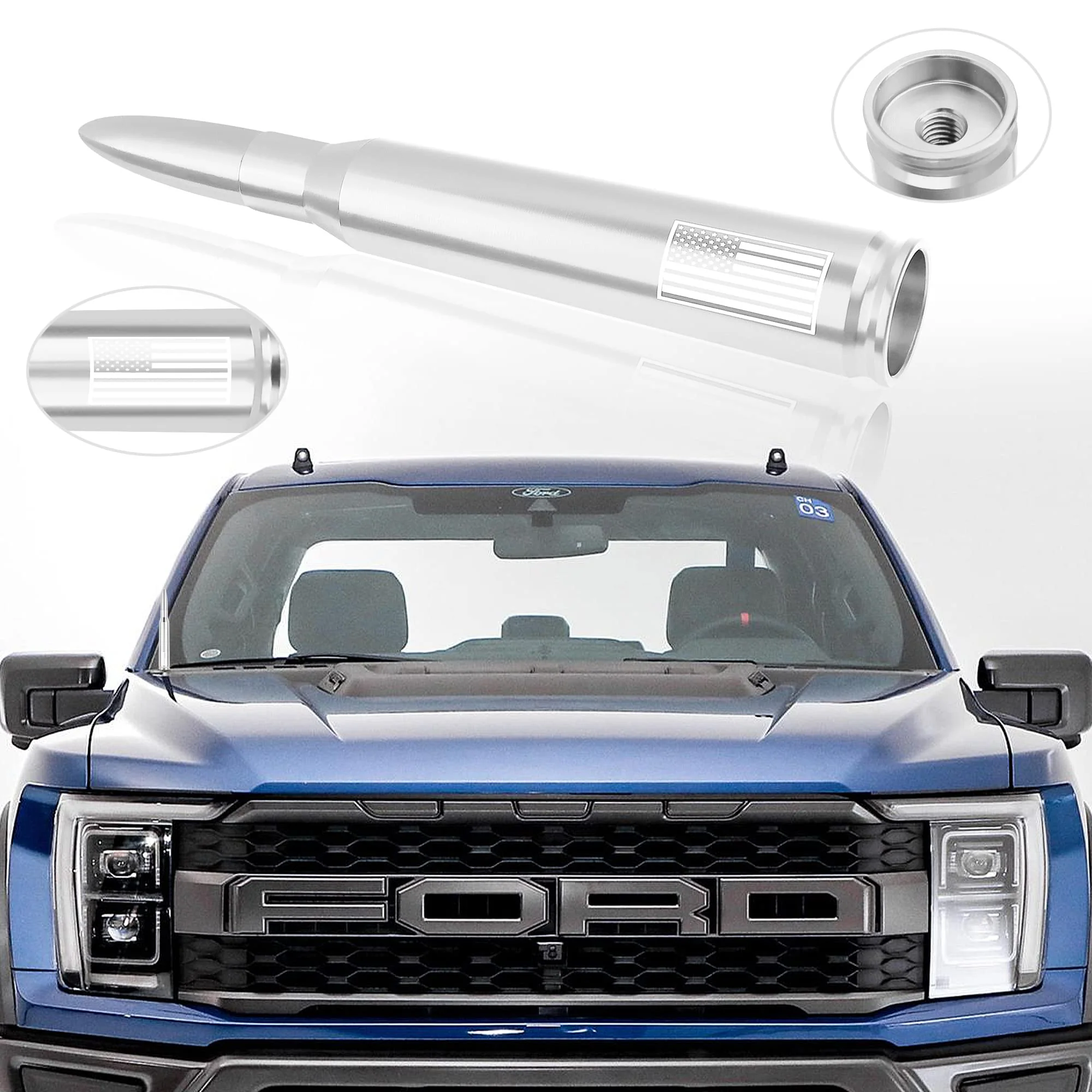 Car Bullet Antenna,Truck Exterior Decoration Accessories Car Vehicle Replacement Antenna Conpatible with Ford F150 RAM 1500 GMC Heavy Duty Pickup Trucks Accessories (New Upgrade Silver-U.S. Flag)… New Upgrade Silver-U.S. Flag - Image 6