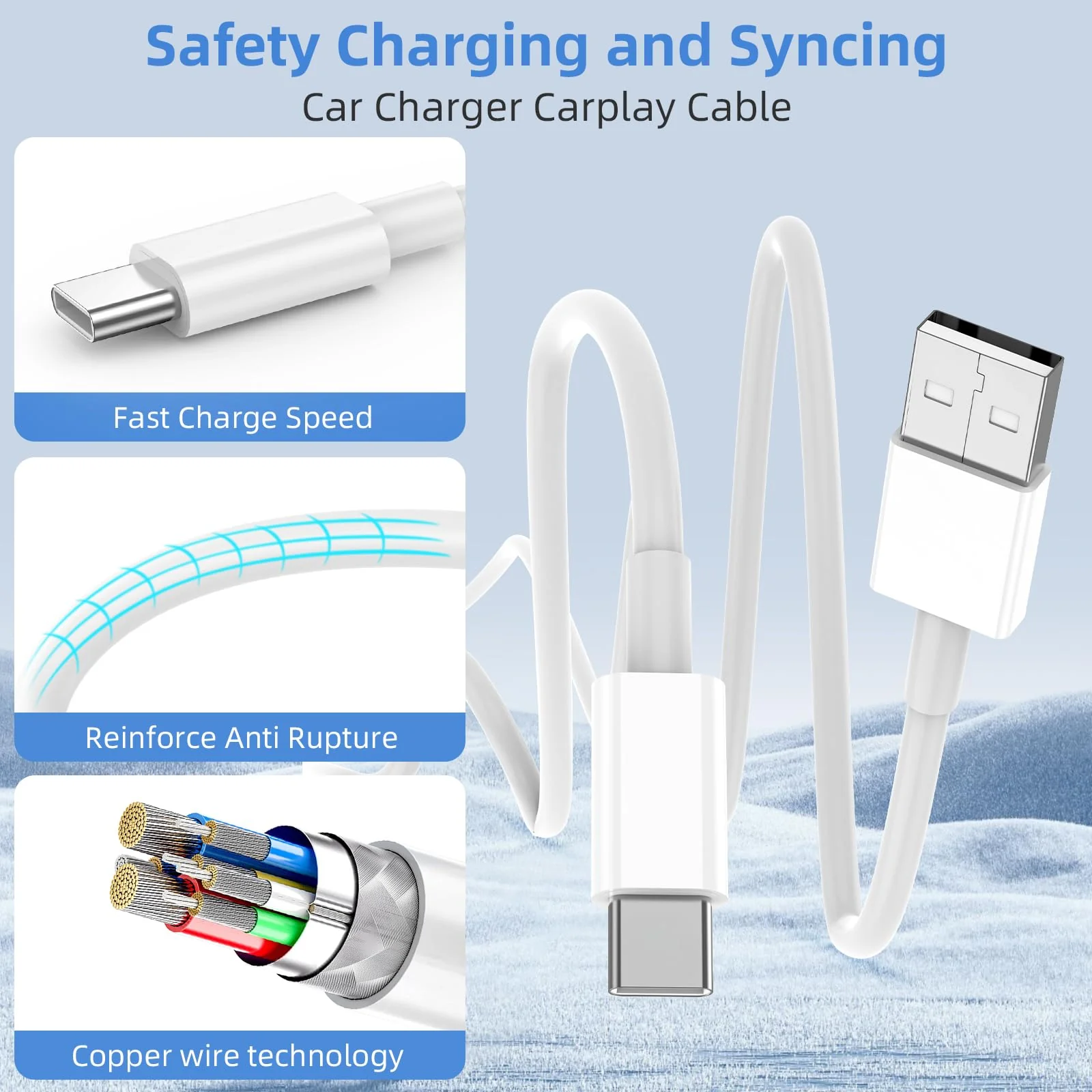 Car Charger for iPhone 16 15 Carplay Cable, 2Pack [3FT+6FT] USB A to USB C Charging Cord for Apple for iPhone 16 15/Plus/Pro Max, for iPad Pro 12.9/11, Air 5th/4th Gen, Mini 6th Gen 3ft+6ft White - Image 2