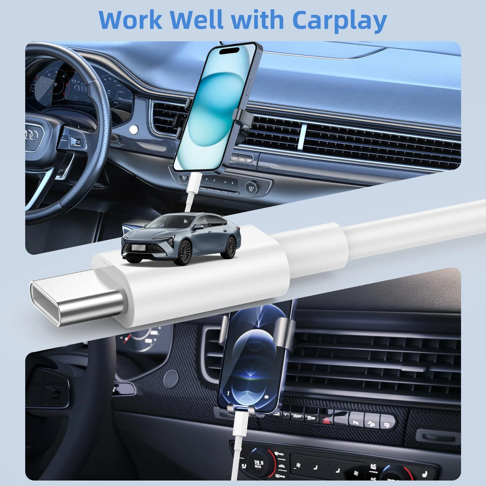 Car Charger for iPhone 16 15 Carplay Cable, 2Pack [3FT+6FT] USB A to USB C Charging Cord for Apple for iPhone 16 15/Plus/Pro Max, for iPad Pro 12.9/11, Air 5th/4th Gen, Mini 6th Gen 3ft+6ft White - Image 3