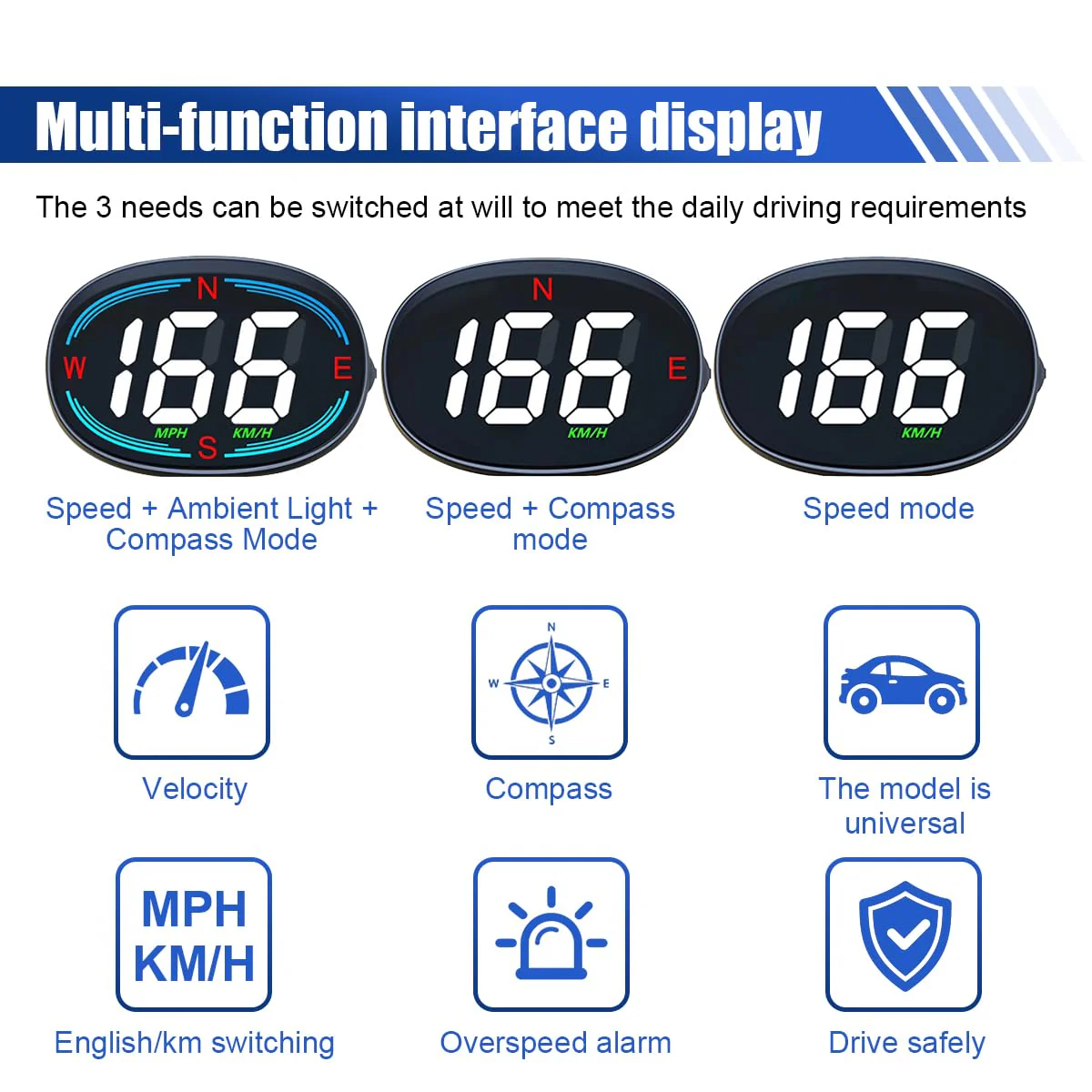 Car Digital Speedometer, Car Head-Up Display, HUD Speedometer with GPS Compass, Plug and Play Display with Speeding Alarm, USB Connect MPH Speed Meter Suitable for Most Vehicles - Image 3