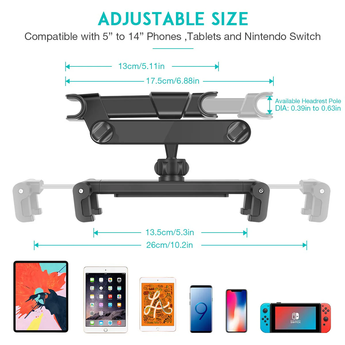 Car Headrest Mount, Angle Adjustable Headrest Tablet Mount, Universal Tablet Holder for Car Backseat, for 5" to 12.9" iPad/Tablet/Smartphone/Nintendo Switch - Image 3