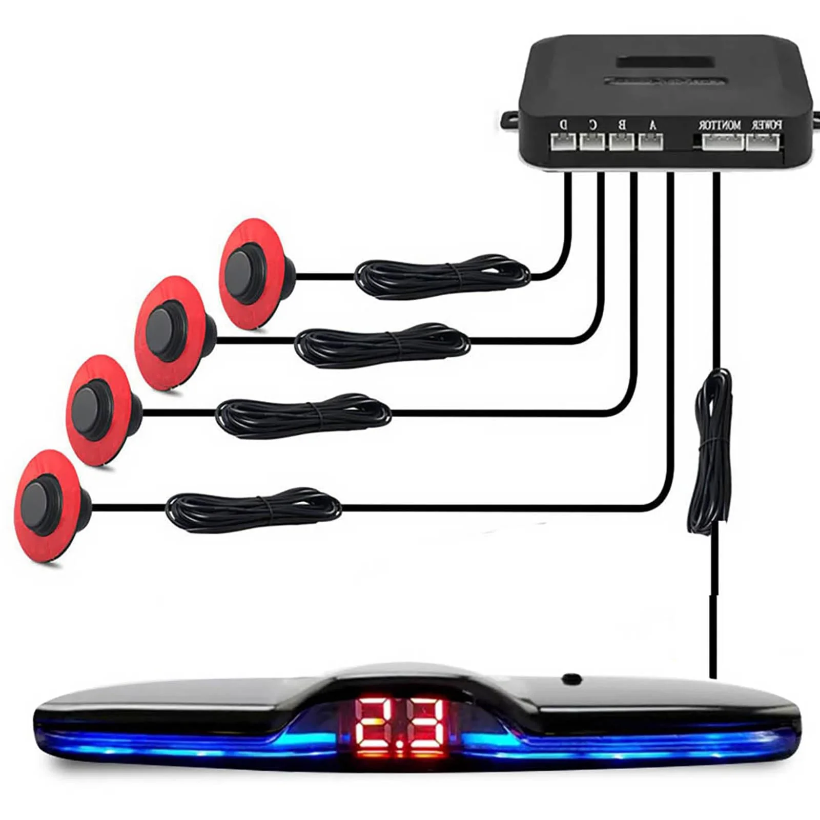Car Parktronic Parking Built-in Plane Sensors Rear Reversing Radars System with 4 Sensors LED Light Distance Display Warning Buzzer Distance Detection Matte Black