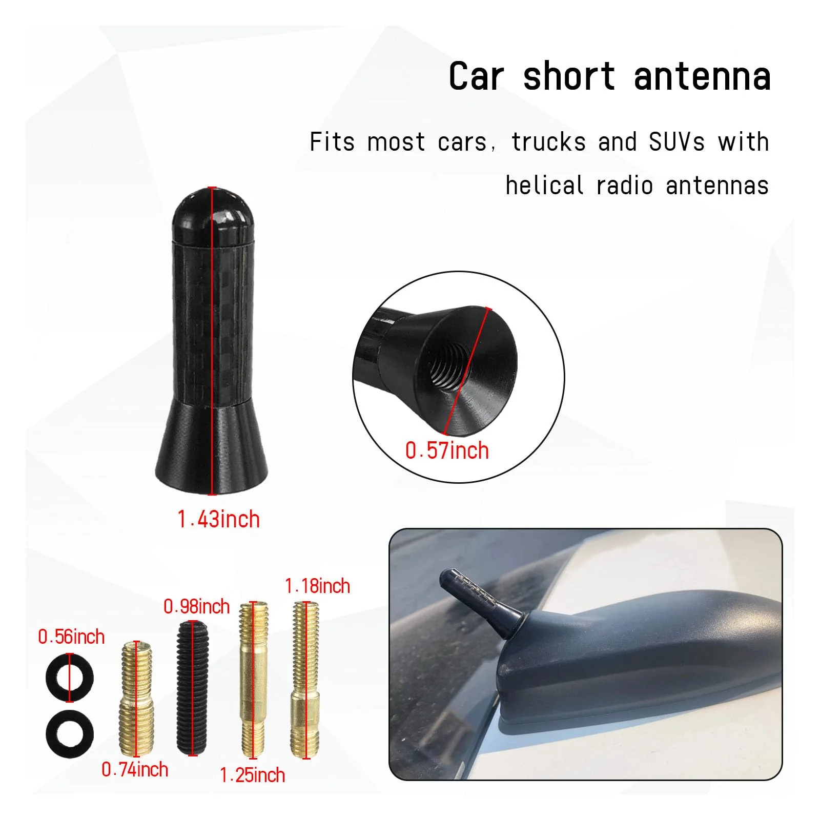 Car Short Antenna, 1.37" Stubby Aluminum Radio Antenna Replacement, Carbon Fiber Antenna Kit with Screws, AM/FM Roof Mount Car Radio Reception Antenna Mast for Most Cars SUVs (Black) Black - Image 2
