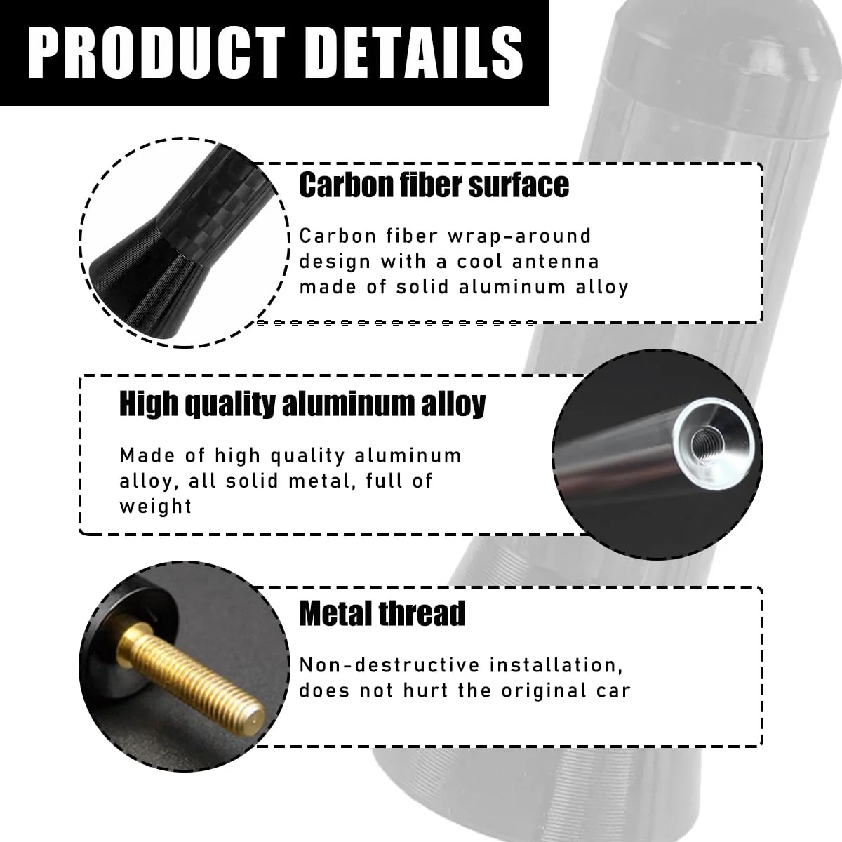 Car Short Antenna, 1.4 Inch Aluminum Auto Roof Mount Short Antenna, Radio Antenna Mast Replacement with Screws Universal for Most Vehicles, Universal Car Accessories (Black) Black - Image 3