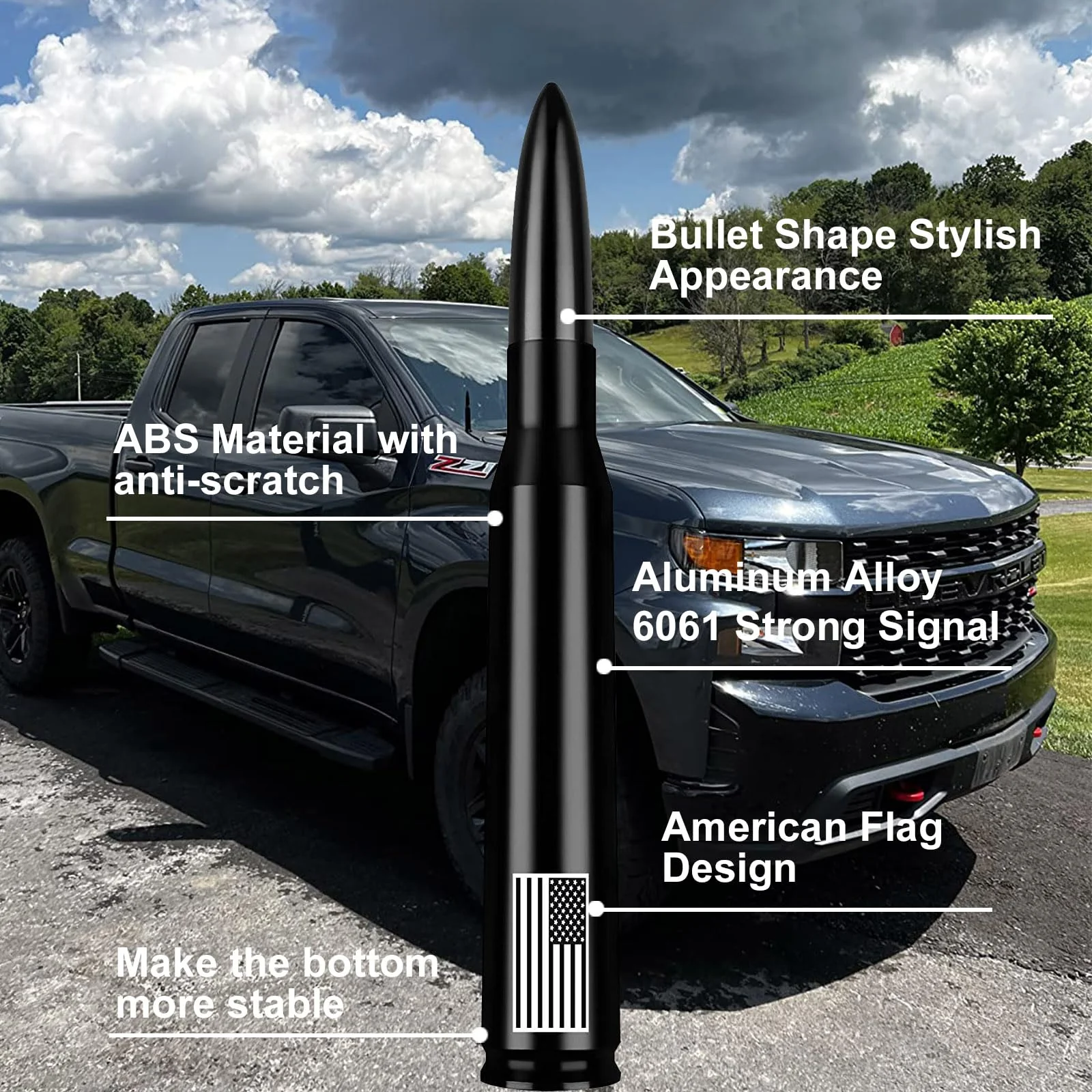Car Truck Antenna with Tire Valve Caps American Flag Universal Short Replacement for GMC Sierra Chevy Silverado Dodge Ram 1500 2500 3500 Ford F150 F250 F350 Super Duty Raptor Radio Accessories, Black 5.5 inch - Image 3