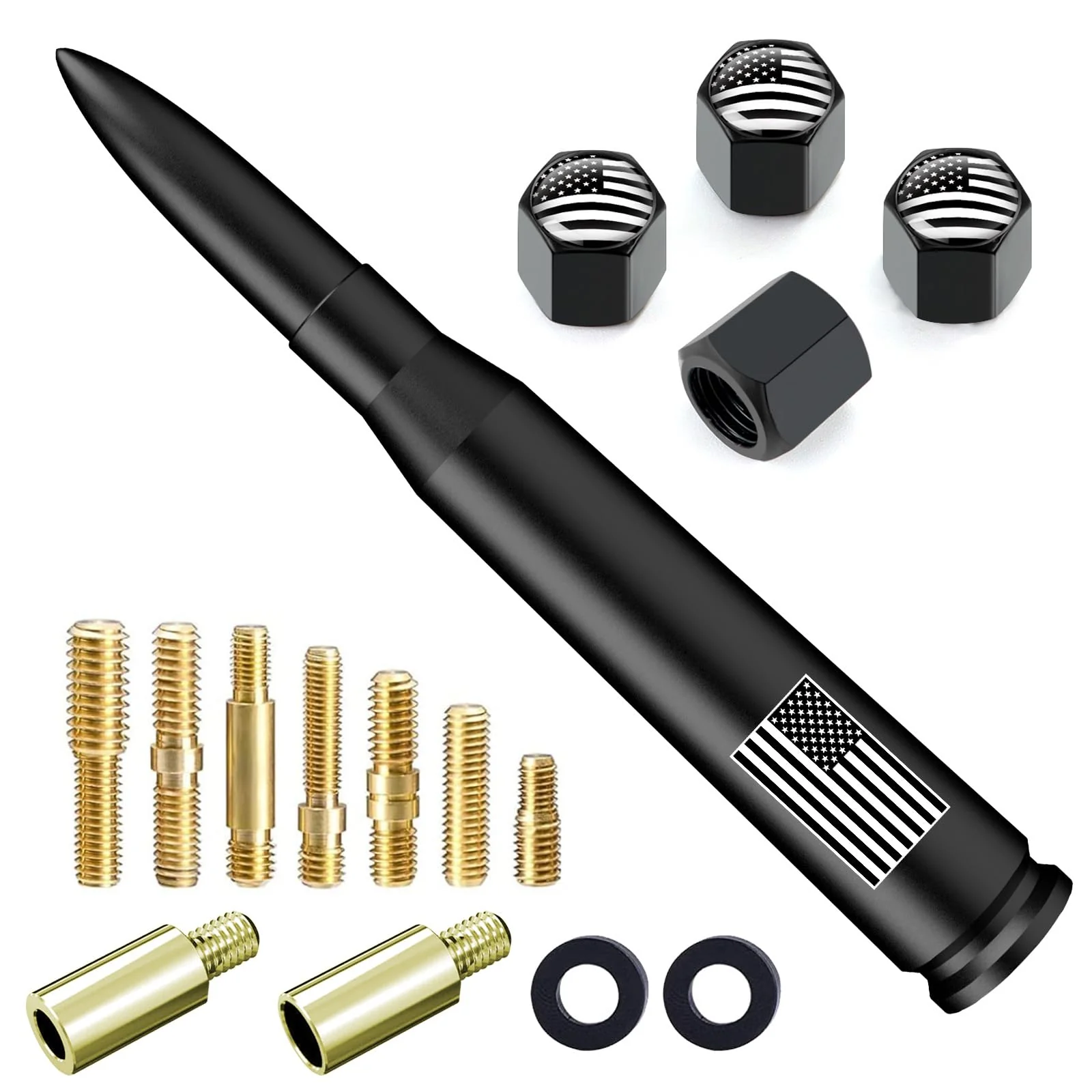 Car Truck Bullet Antenna with Tire Valve Caps American Flag Universal Short Replacement for GMC Sierra Chevy Silverado Dodge Ram 1500 2500 3500 Ford F150 F250 F350 Super Duty Accessories, Matte Black 5.5 inch
