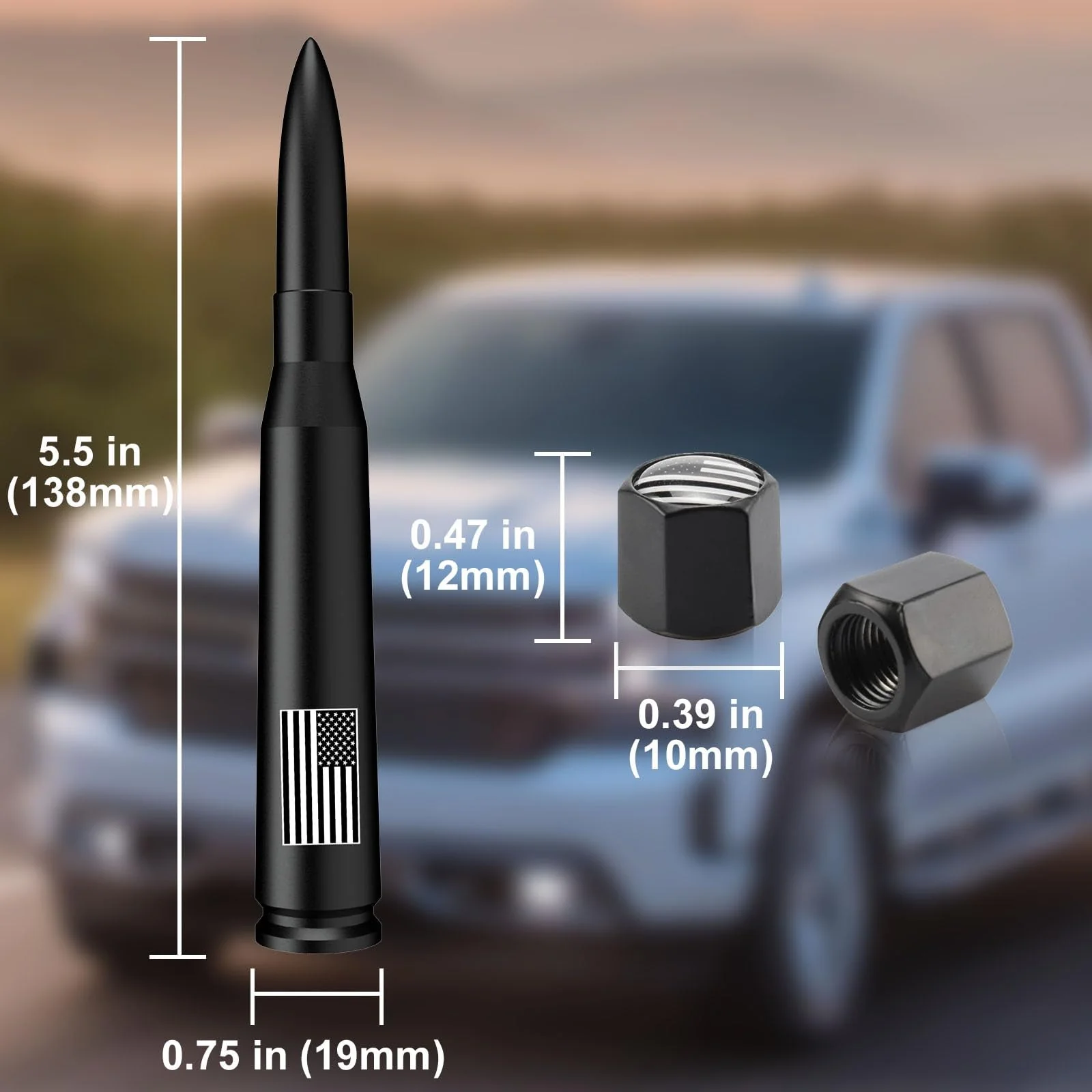 Car Truck Bullet Antenna with Tire Valve Caps American Flag Universal Short Replacement for GMC Sierra Chevy Silverado Dodge Ram 1500 2500 3500 Ford F150 F250 F350 Super Duty Accessories, Matte Black 5.5 inch - Image 2