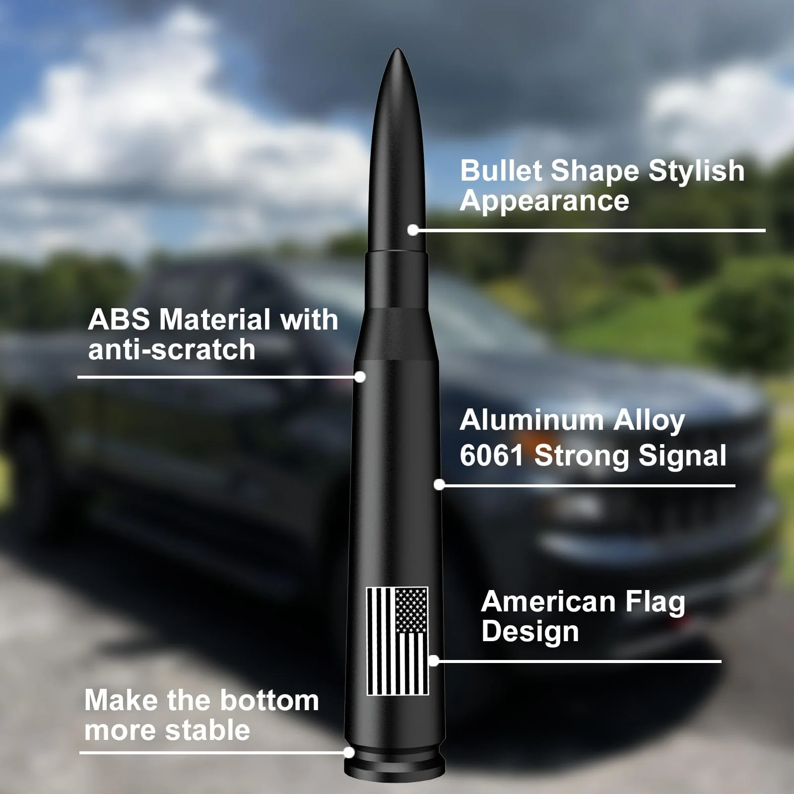 Car Truck Bullet Antenna with Tire Valve Caps American Flag Universal Short Replacement for GMC Sierra Chevy Silverado Dodge Ram 1500 2500 3500 Ford F150 F250 F350 Super Duty Accessories, Matte Black 5.5 inch - Image 3