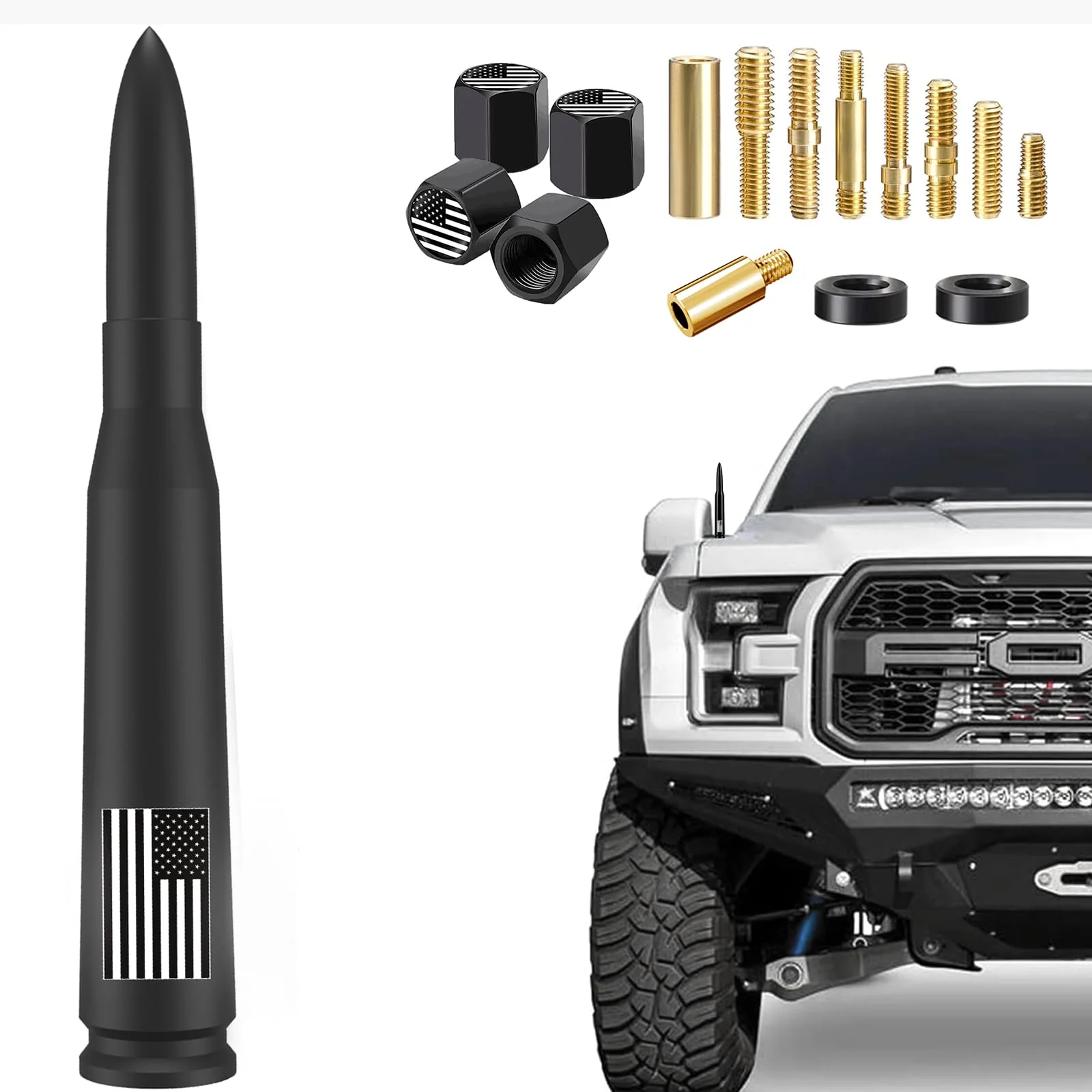Car Truck Bullet Antenna with Valve Stem Caps - Mast for GM Chevy Silverado 1500 2500 3500 HD Avalanche Ford F150 F250 F350 Denali Heavy Duty Pickup Car Accessories(Black) - Anti Theft Desgin 5.5 inch Anti Theft Black Style