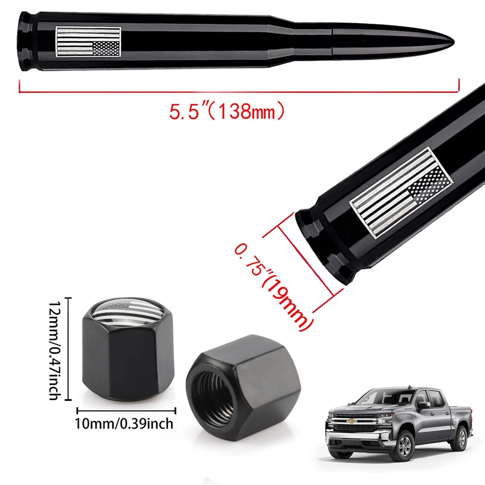 Car Truck Bullet Antenna with Valve Stem Caps - Mast for GM Chevy Silverado 1500 2500 3500 HD Avalanche Ford F150 F250 F350 Denali Heavy Duty Pickup Car Accessories(Black) - Anti Theft Desgin 5.5 inch Anti Theft Black Style - Image 6