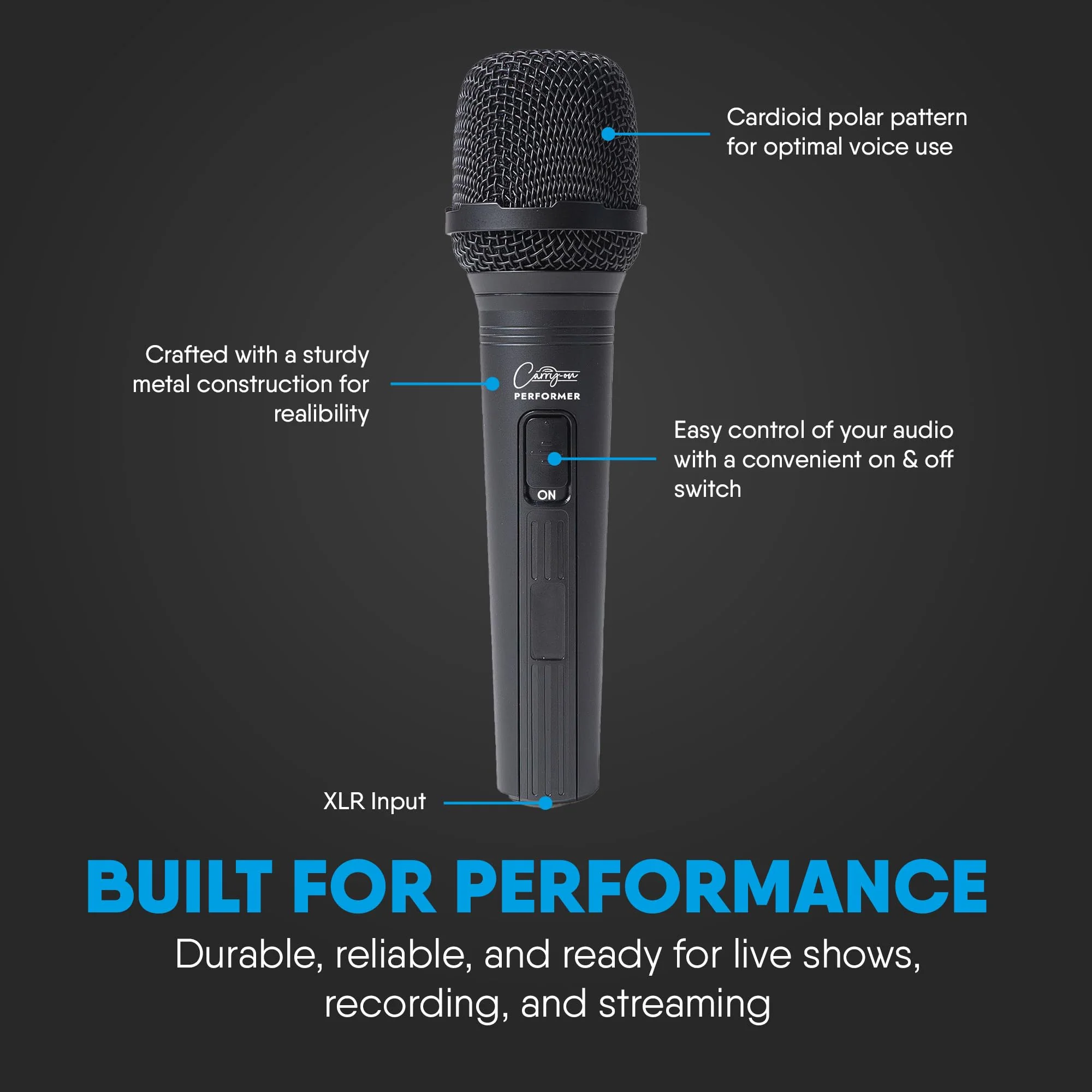 Carry-on Performer Dynamic Microphone with XRL-Jack Cable Used for Live Performance - Professional Microphone for Singing with Cardioid Focus and Accessories for Professionals and Hobbyists - Black - Image 4