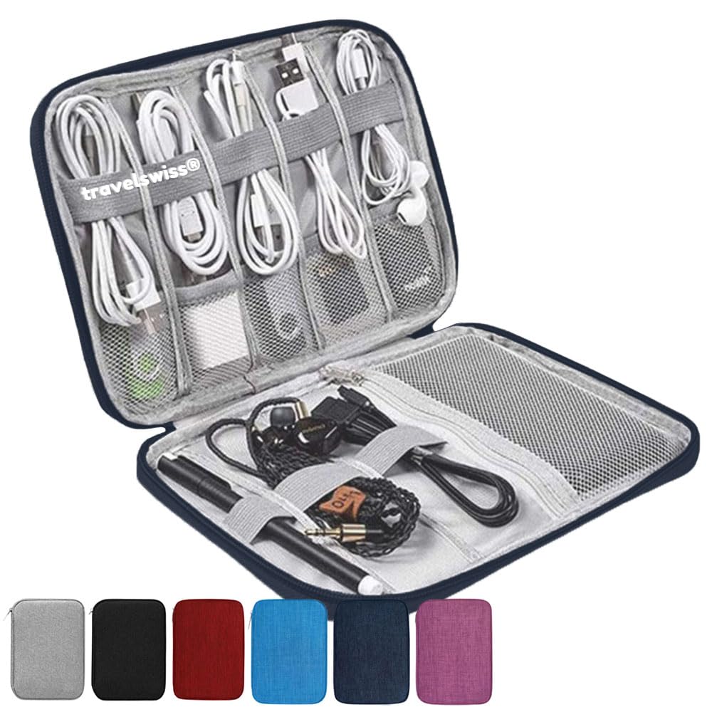 Carry Pouch Travel Case Organizer Electronic Accessories Portable Waterproof Double Layers All in One Storage Bag for Power Bank USB Cable Mouse Cords Charger Phone Earphone Flash Drive Navy Blue