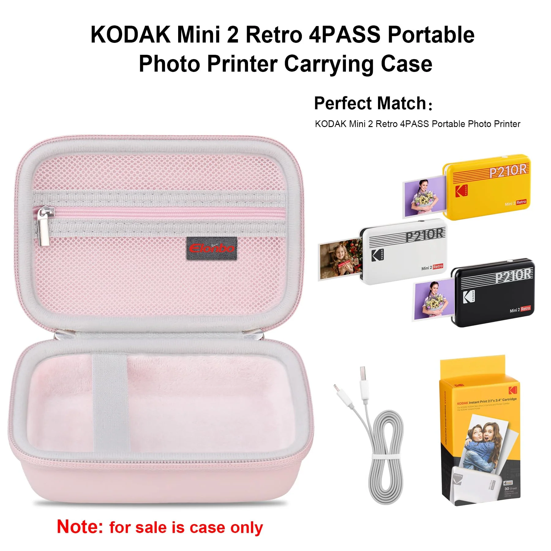 Carrying Case for KODAK Mini 2 Retro 4PASS Portable Photo Printer, Digital Instant Print Camera Travel Bag Storage Holder, Mesh Pocket Fits Printing Paper, Cable, Pink Pink+Inside Pink - Image 2