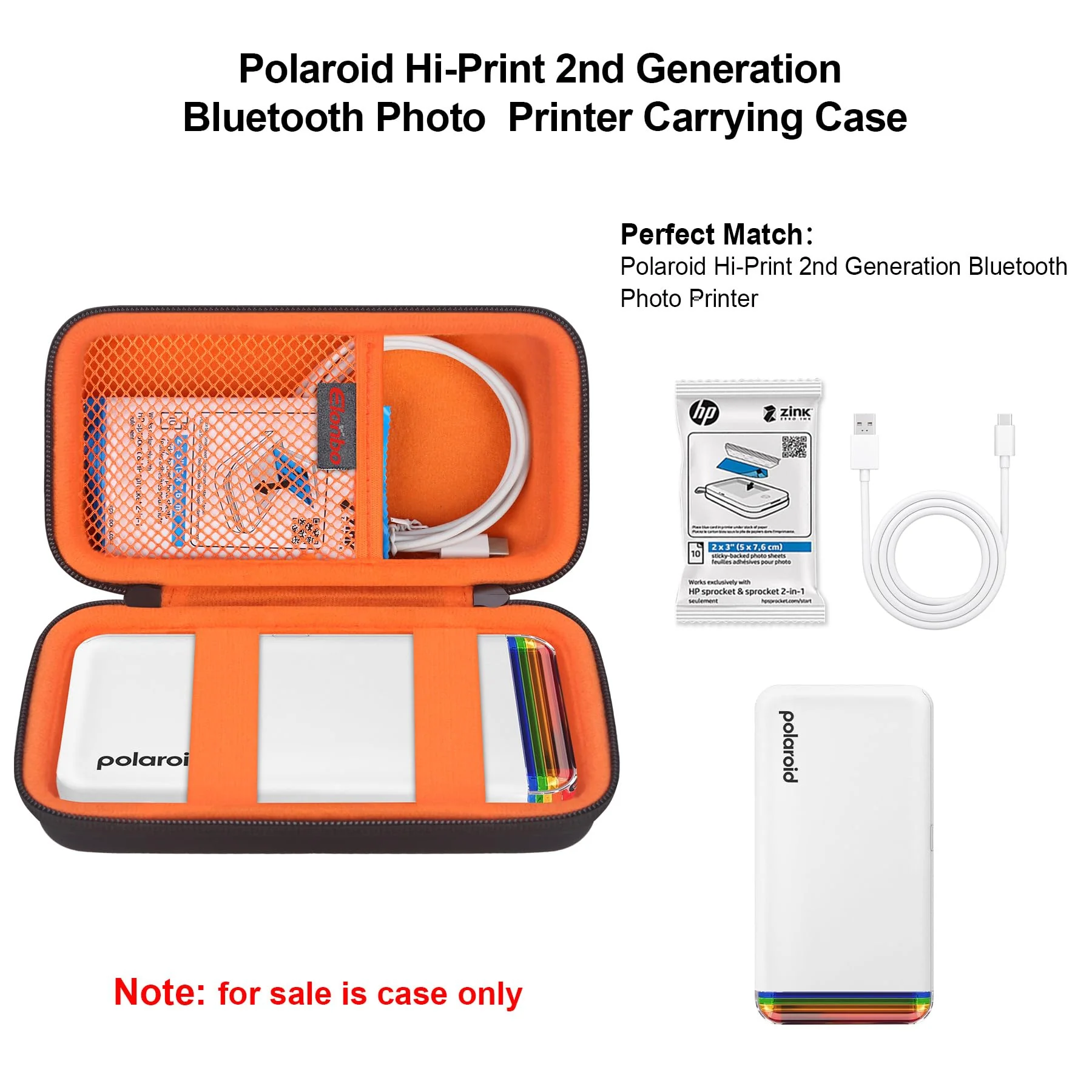Carrying Case for Polaroid Hi-Print + Paper Bundle- 2nd Generation Bluetooth Connected 2x3 Pocket Photo Dye-Sub Printer, Photo Printer Travel Storage Cover Protective Bag, Black+Inside Orange - Image 2