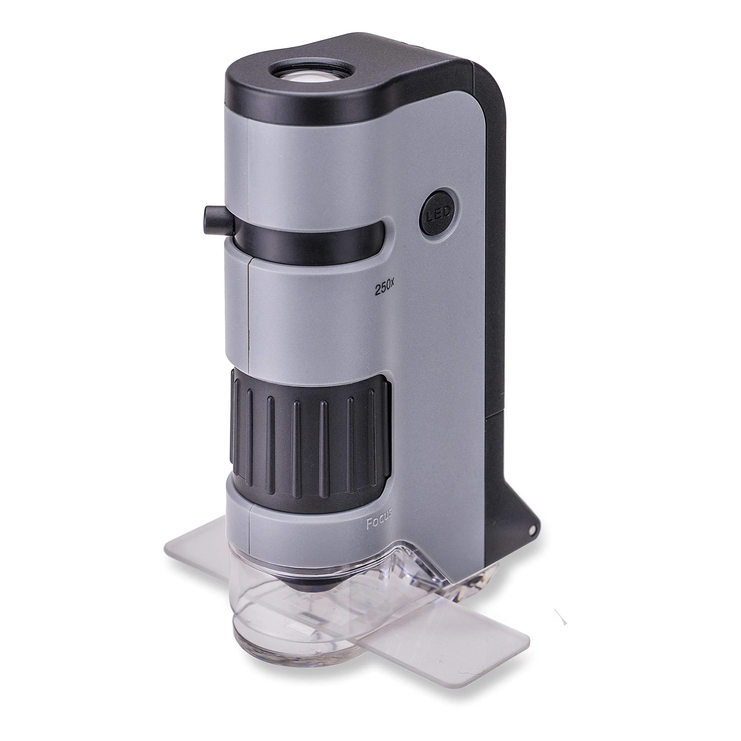 Carson MicroFlip 100x-250x LED and UV Lighted Pocket Microscope with Flip Down Slide Base and Smartphone Digiscoping Clip (MP-250) Single Pack