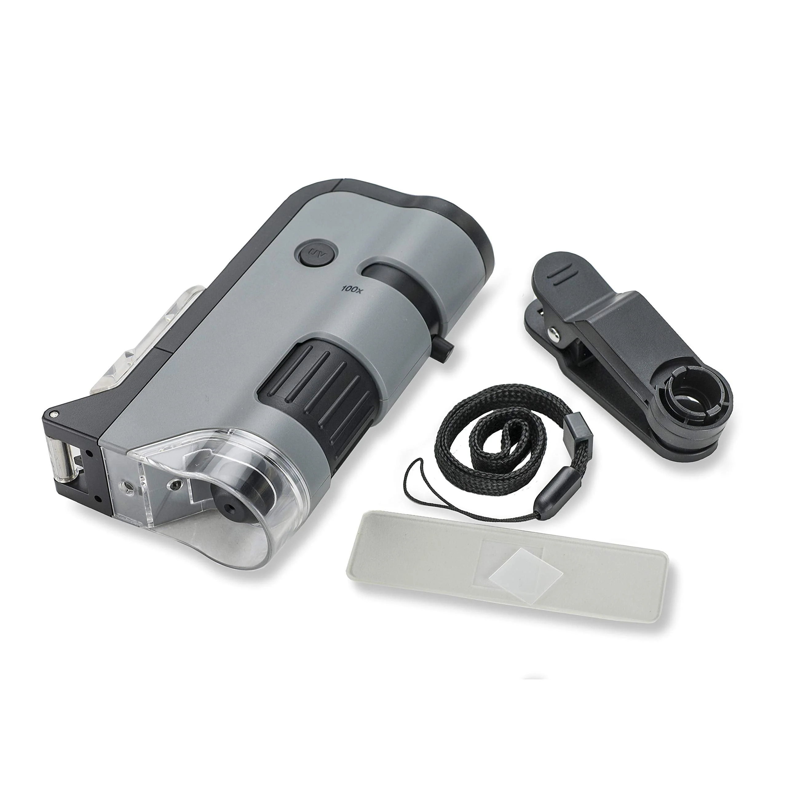 Carson MicroFlip 100x-250x LED and UV Lighted Pocket Microscope with Flip Down Slide Base and Smartphone Digiscoping Clip (MP-250) Single Pack - Image 5