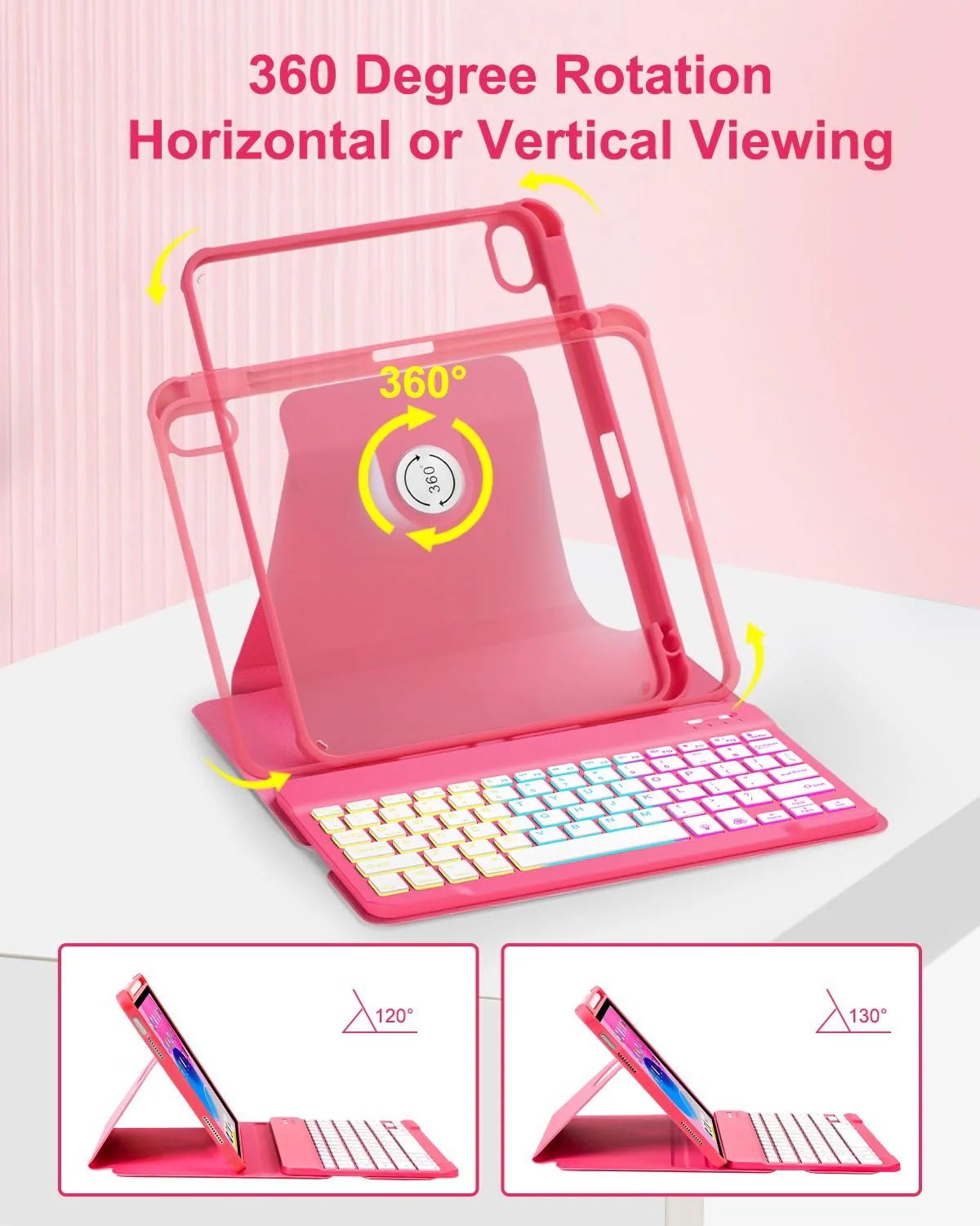 Case with Keyboard for iPad 10th Generation 10.9 inch 2022,7 Color Rainbow Backlit Detachable Wireless Keyboard Rotatable Magnetic Cover with Pencil Holder for iPad 10 Gen Watermelon Red Watermelon Red + Watermelon Red - Image 4