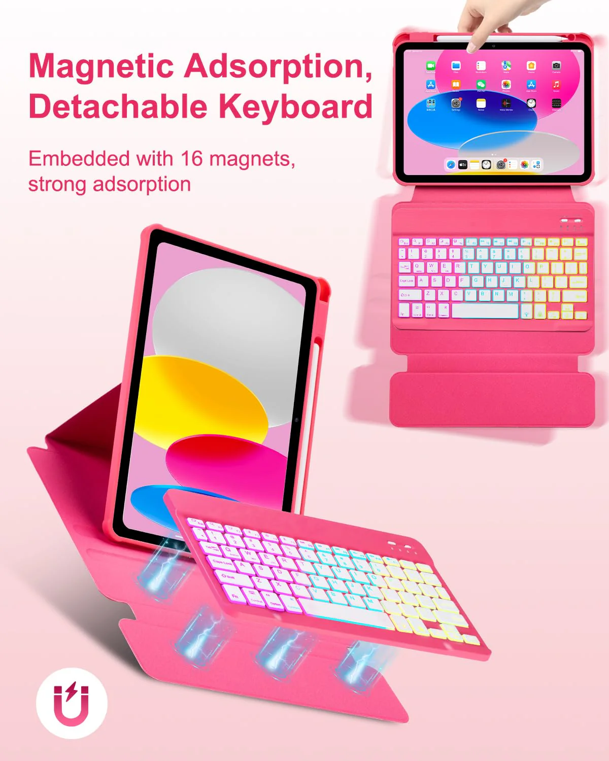 Case with Keyboard for iPad 10th Generation 10.9 inch 2022,7 Color Rainbow Backlit Detachable Wireless Keyboard Rotatable Magnetic Cover with Pencil Holder for iPad 10 Gen Watermelon Red Watermelon Red + Watermelon Red - Image 5