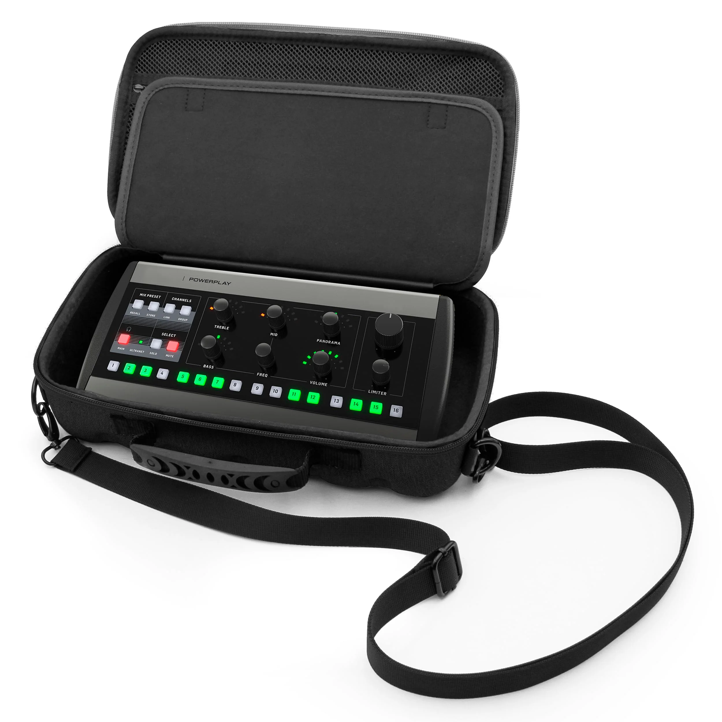 CASEMATIX Mixer Case Compatible With Behringer P16 Stage Mixer and P16-HQ Powerplay In Ear Accessories, Cables and Power Adapters, Fits Mixers up to 12.0” x 6.0” x 2.5” With Shoulder Strap